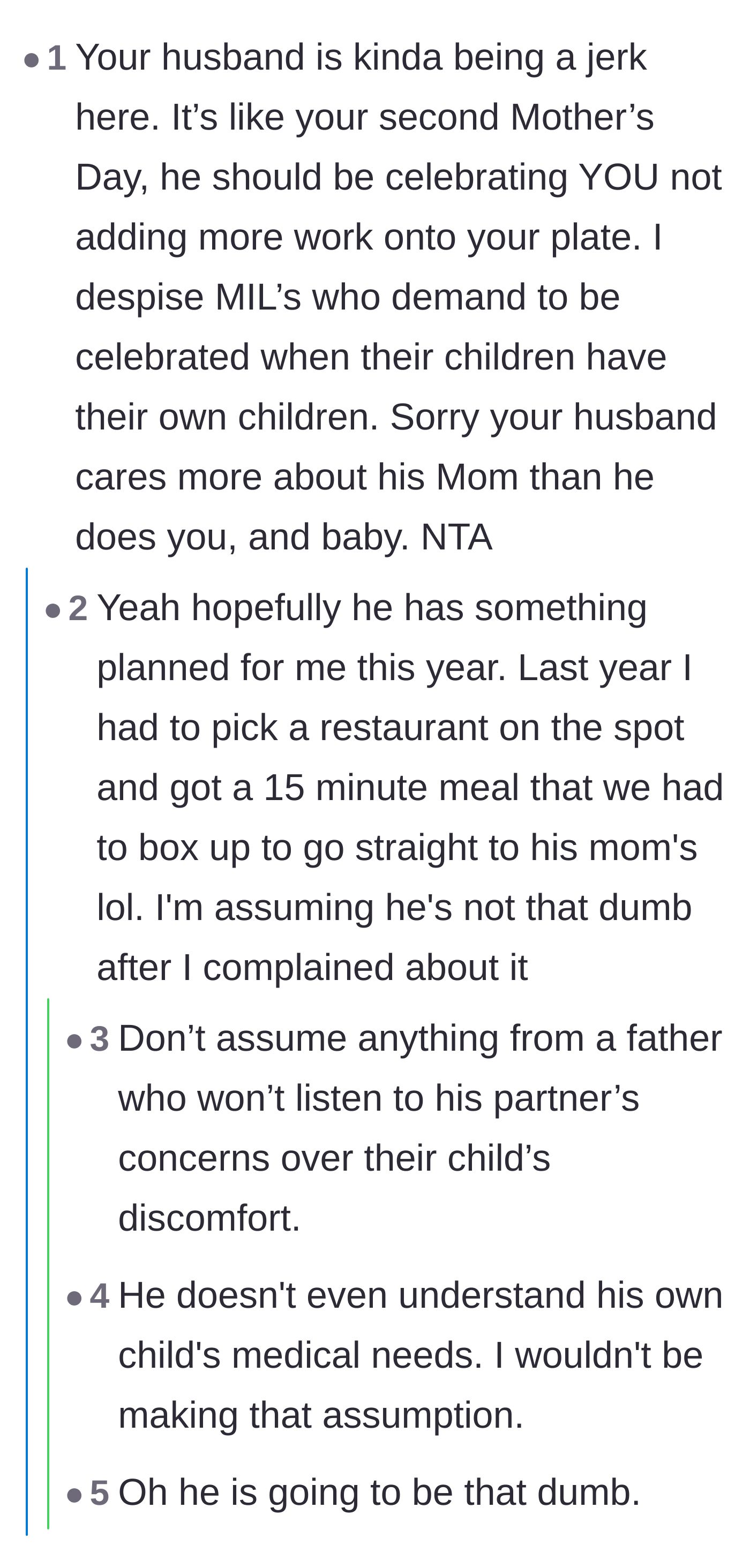 Comment thread 6 - Readers react to the mother's sad history of disappointing Mother's Days and warn her that the husband likely hasn't changed.