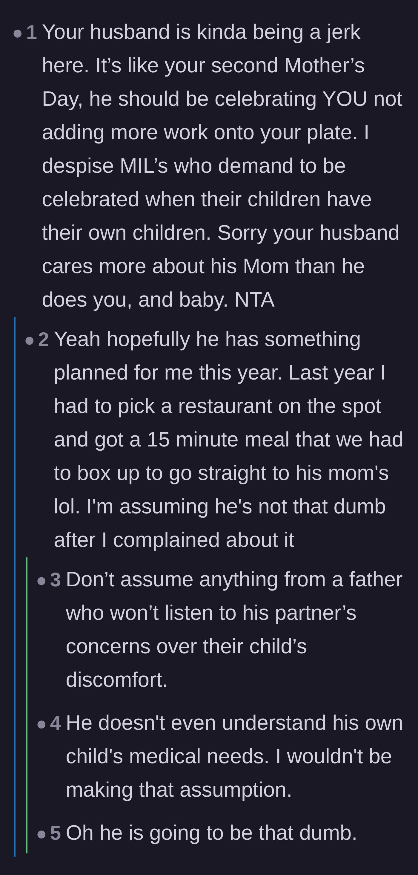 Comment thread 6 - Readers react to the mother's sad history of disappointing Mother's Days and warn her that the husband likely hasn't changed.