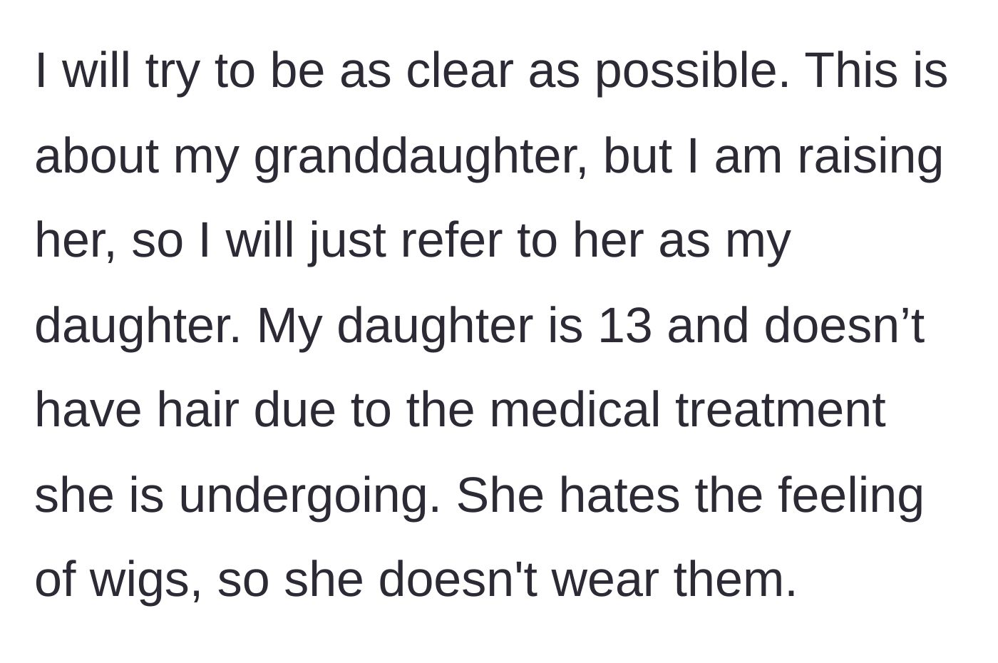 Story part 1 - Grandmother explains raising her 13-year-old granddaughter who has lost her hair due to medical treatments.