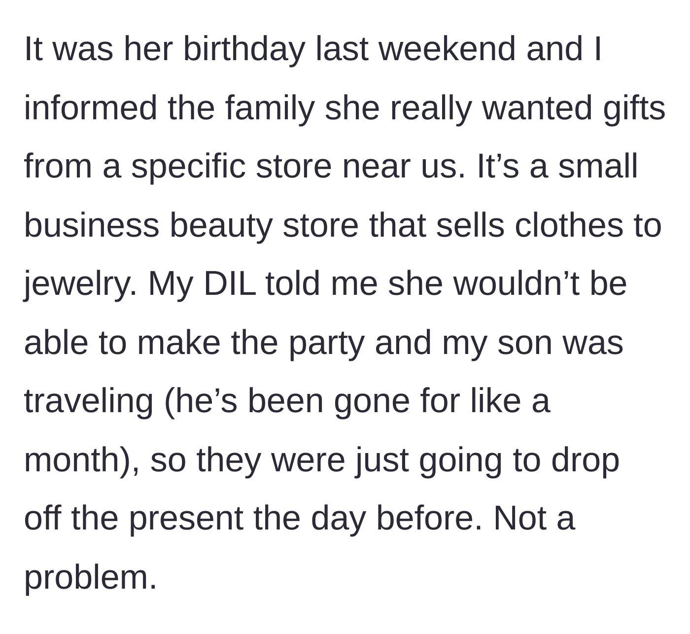 Story part 2 - Grandmother provides a simple gift request for a local beauty store, and the son and daughter-in-law agree to drop a gift off early.