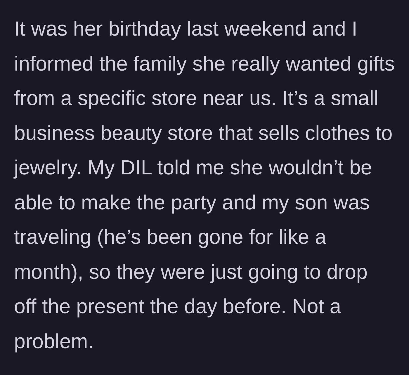 Story part 2 - Grandmother provides a simple gift request for a local beauty store, and the son and daughter-in-law agree to drop a gift off early.
