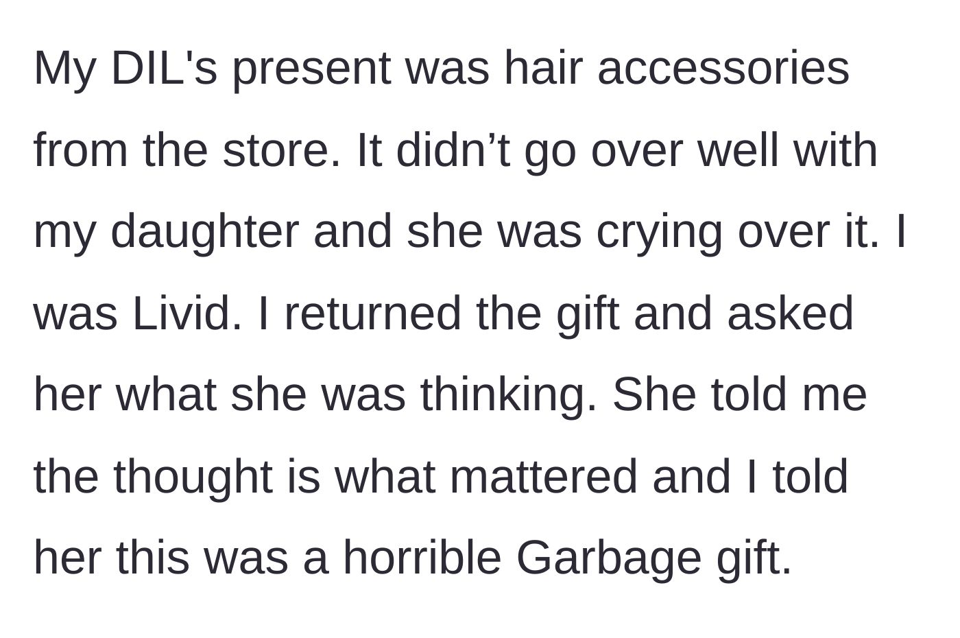 Story part 3 - The daughter-in-law gifts hair accessories to the bald teenager, causing tears, and the grandmother angrily rejects the gift.