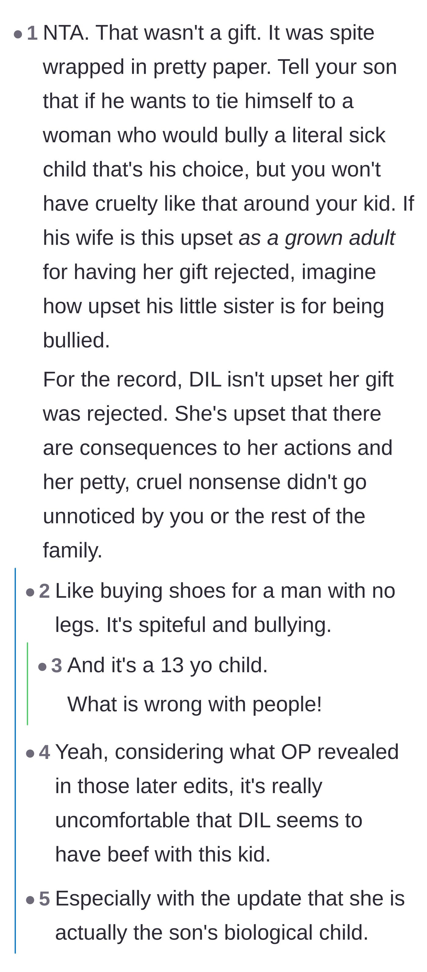 Comment thread 1 - Discussing how the gift was intentional bullying and the daughter-in-law is only upset about facing consequences.