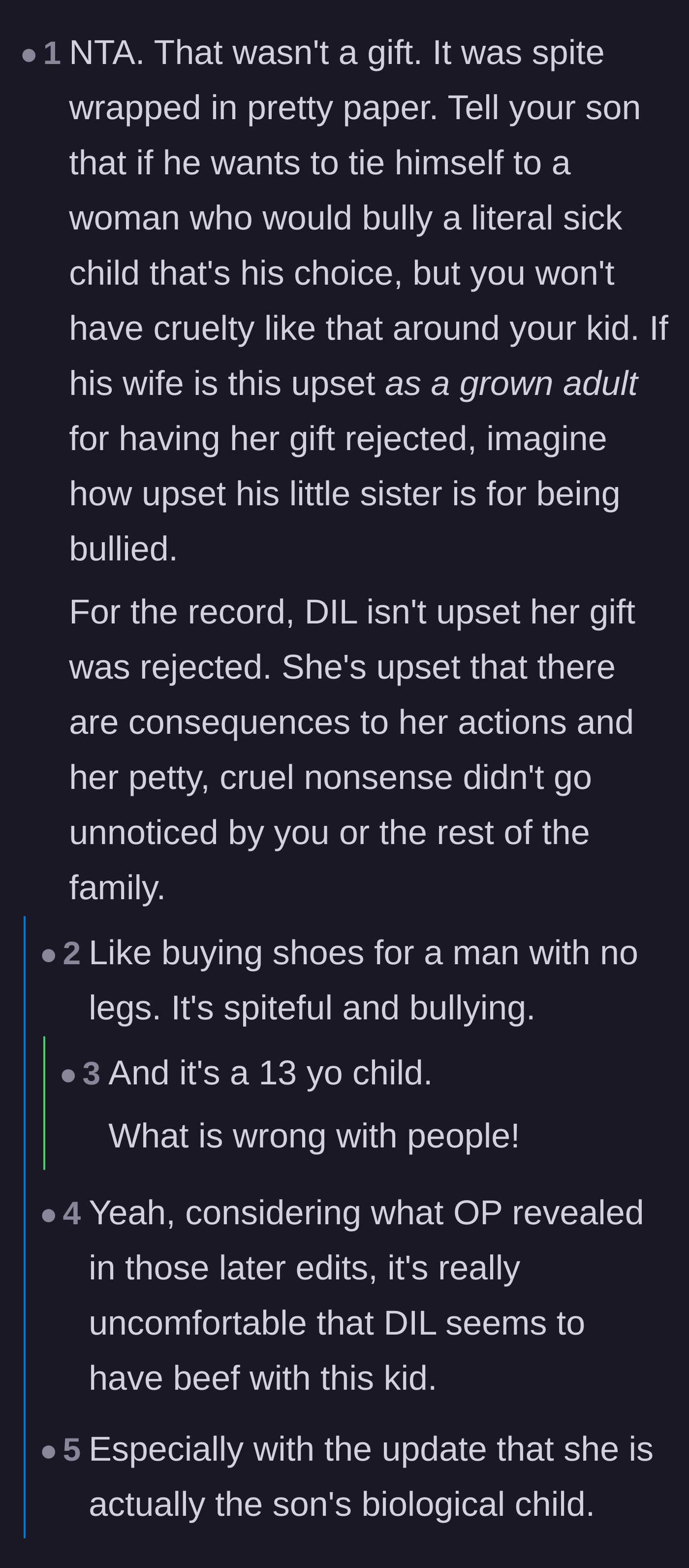 Comment thread 1 - Discussing how the gift was intentional bullying and the daughter-in-law is only upset about facing consequences.