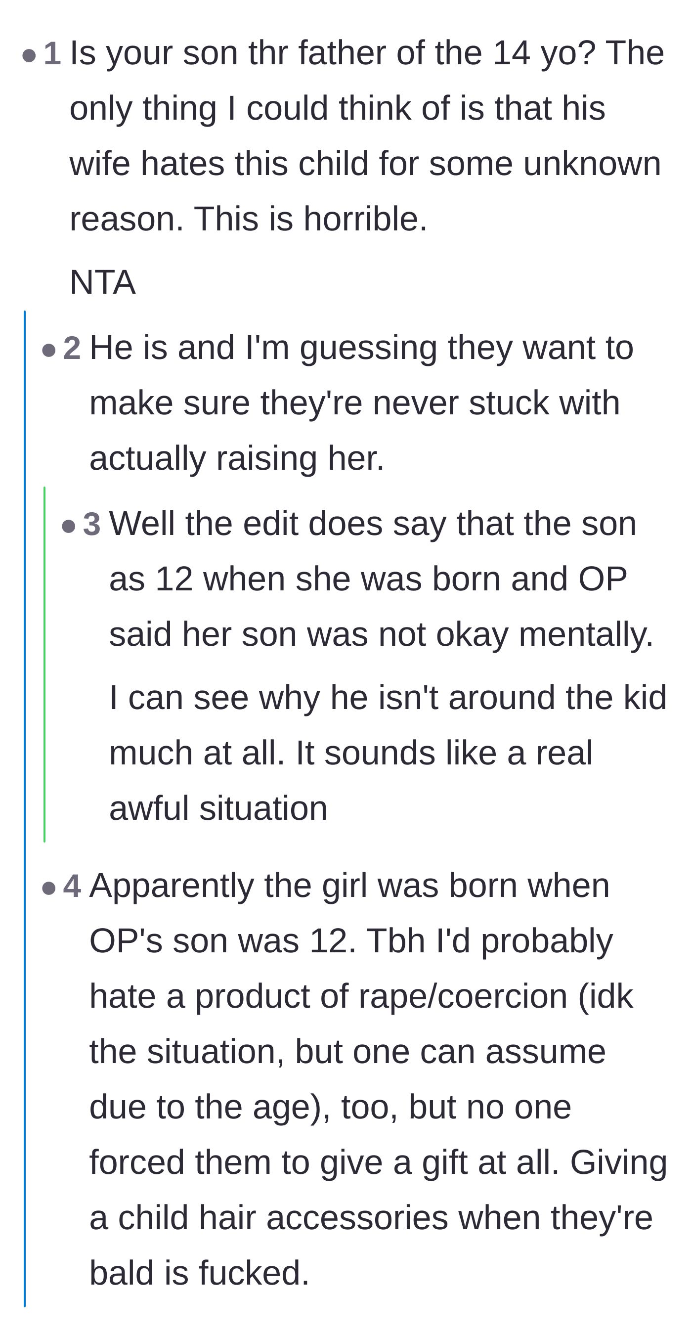 Comment thread 2 - Debating the son's childhood trauma and how it doesn't excuse his wife's malice toward an innocent child.