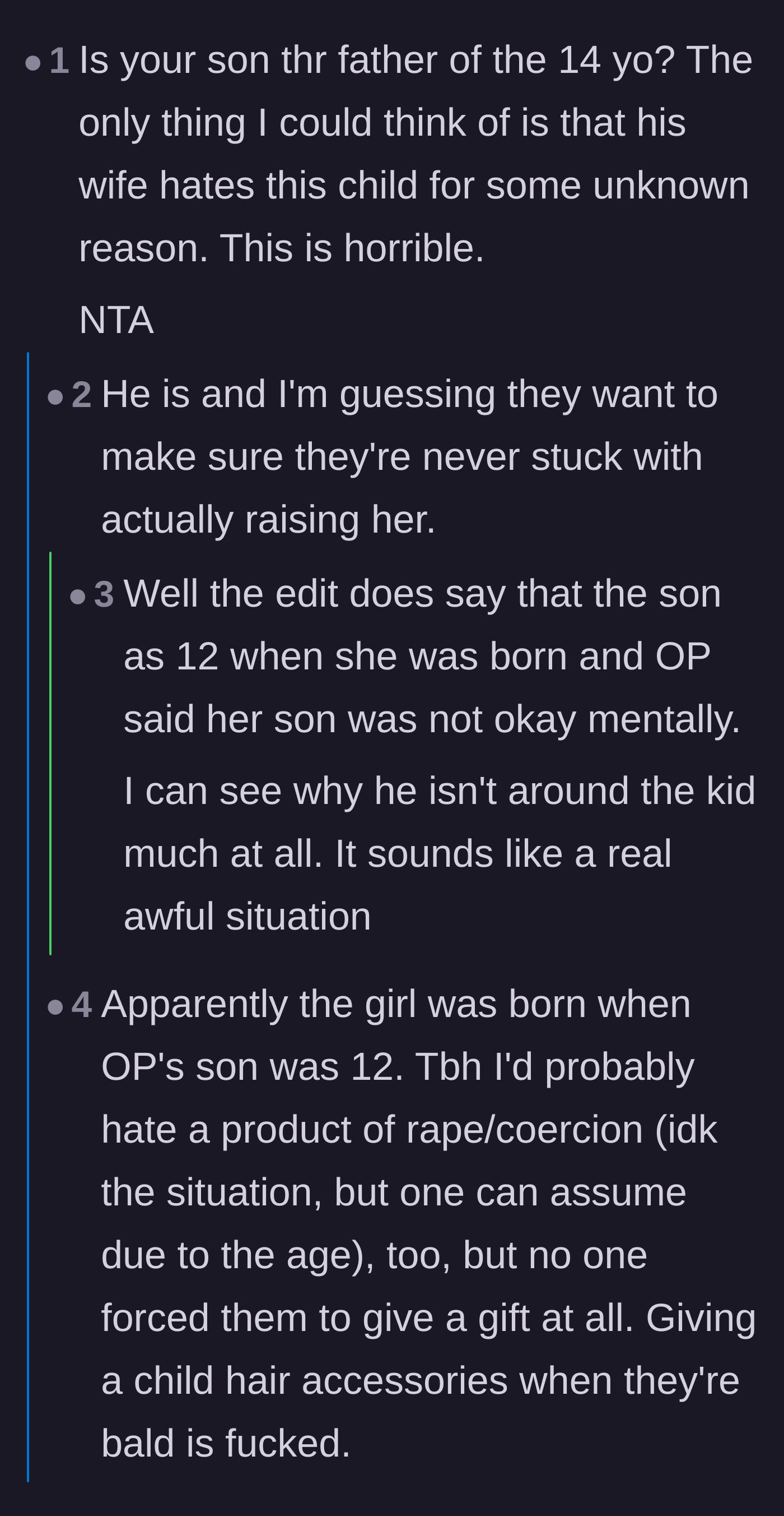 Comment thread 2 - Debating the son's childhood trauma and how it doesn't excuse his wife's malice toward an innocent child.