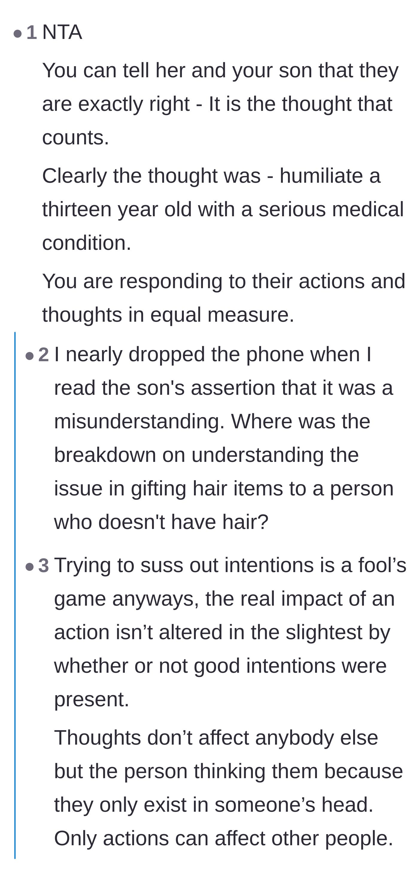 Comment thread 3 - Turning the daughter-in-law's defense against her by pointing out her actual thought was to humiliate a disabled teen.