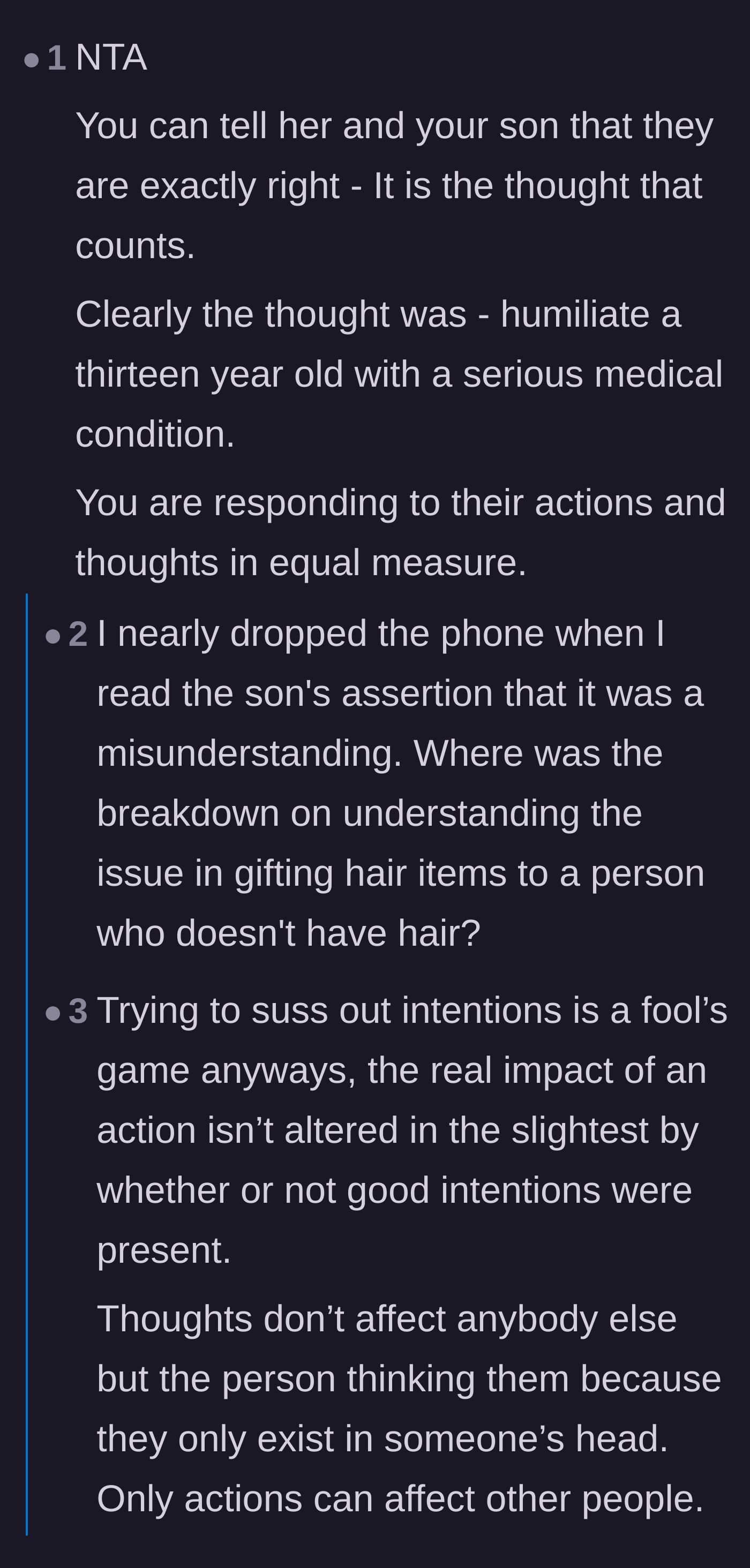 Comment thread 3 - Turning the daughter-in-law's defense against her by pointing out her actual thought was to humiliate a disabled teen.