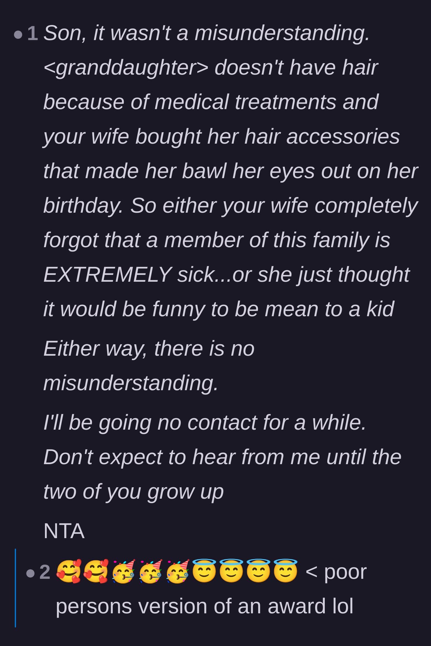 Comment thread 4 - Providing a strict, no-nonsense script for the grandmother to cut contact with her son and daughter-in-law.