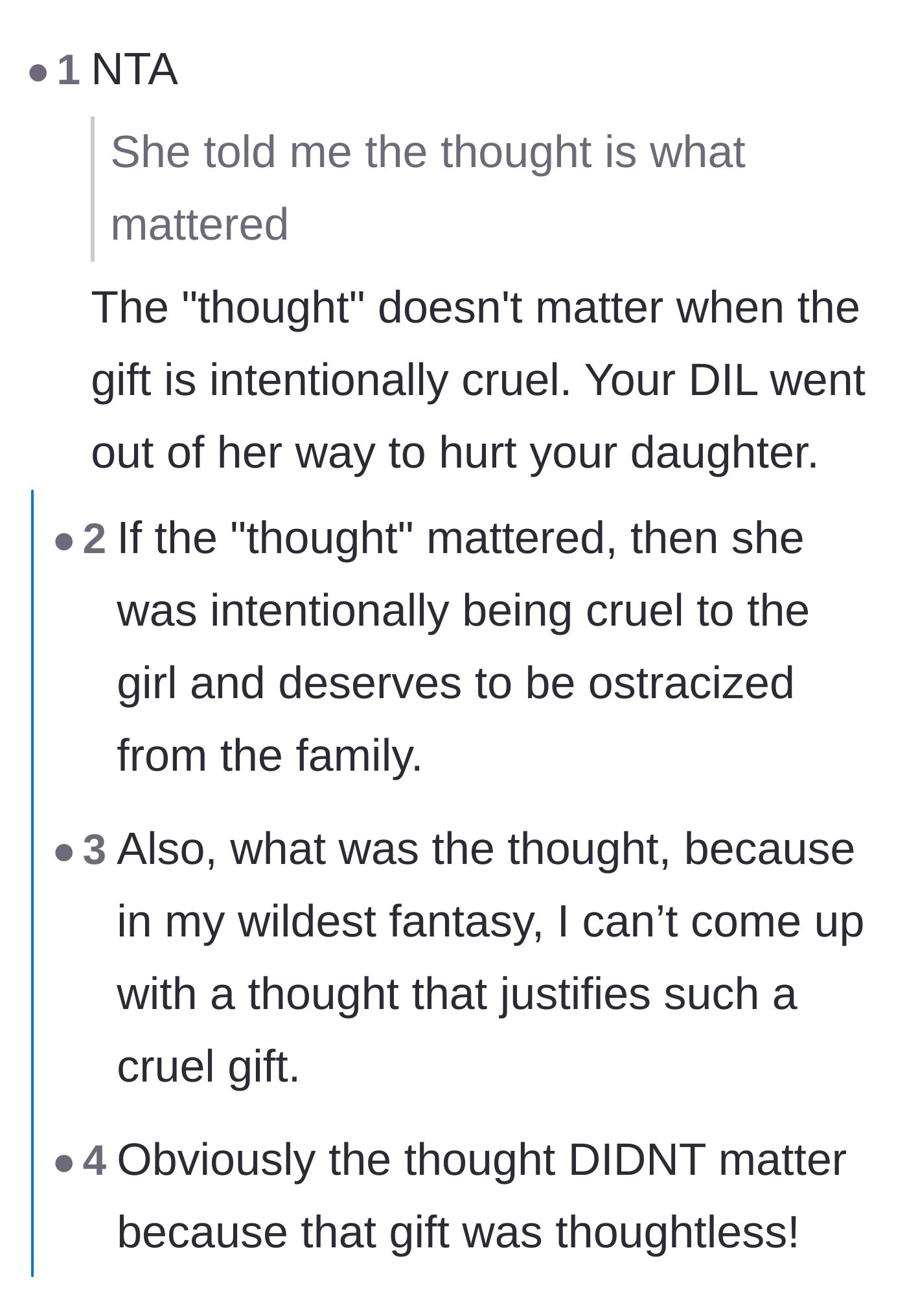 Comment thread 5 - Arguing that the gift was entirely thoughtless and designed specifically to cause pain.