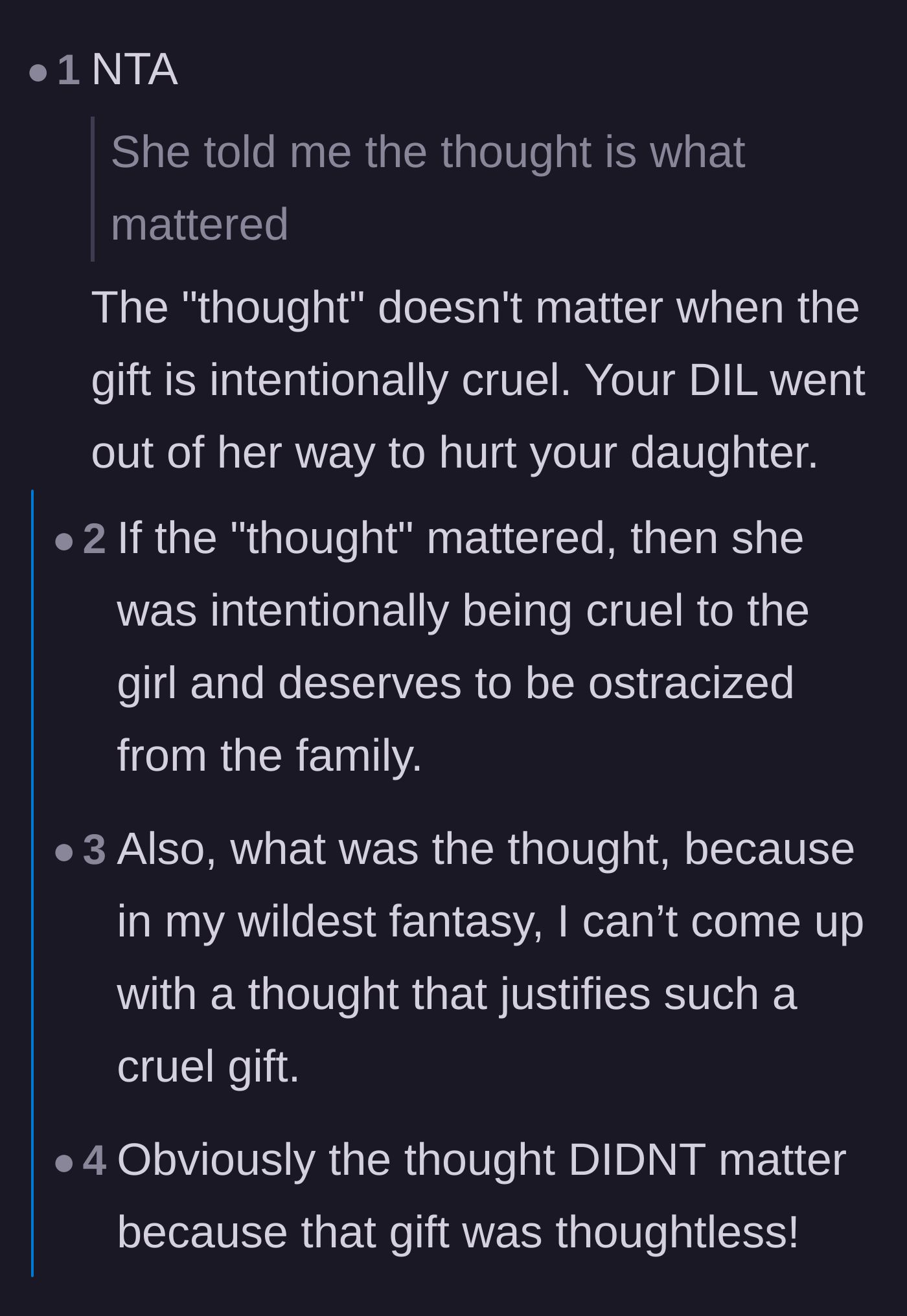 Comment thread 5 - Arguing that the gift was entirely thoughtless and designed specifically to cause pain.