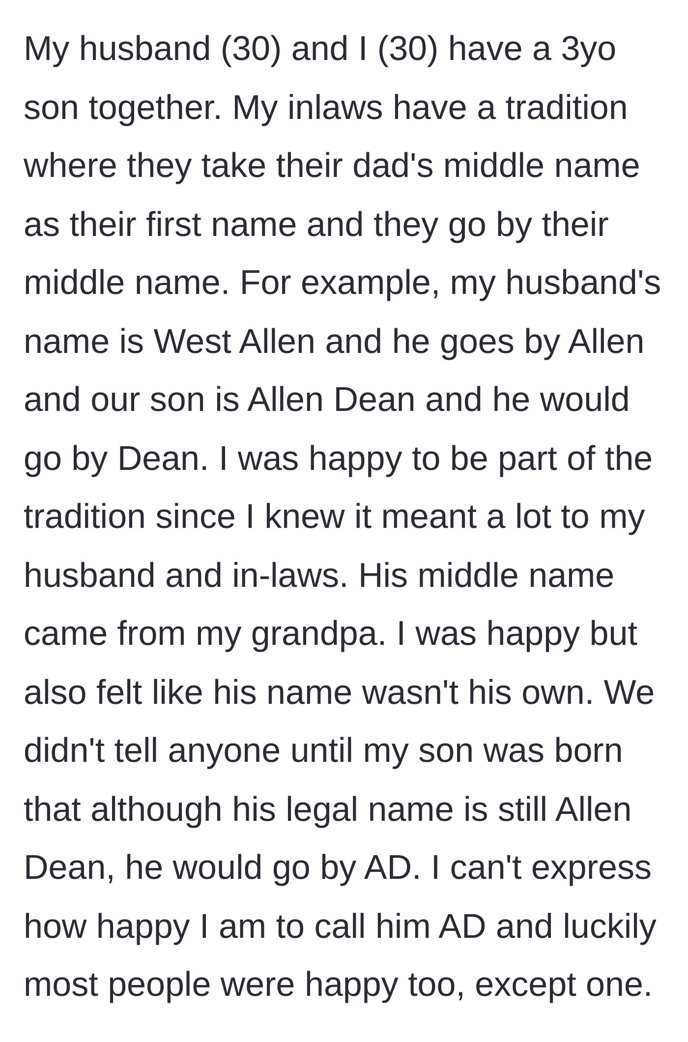 Story part 1 - A mother explains her family's naming tradition and the thoughtful compromise to call her newborn son AD instead of his legal middle name.