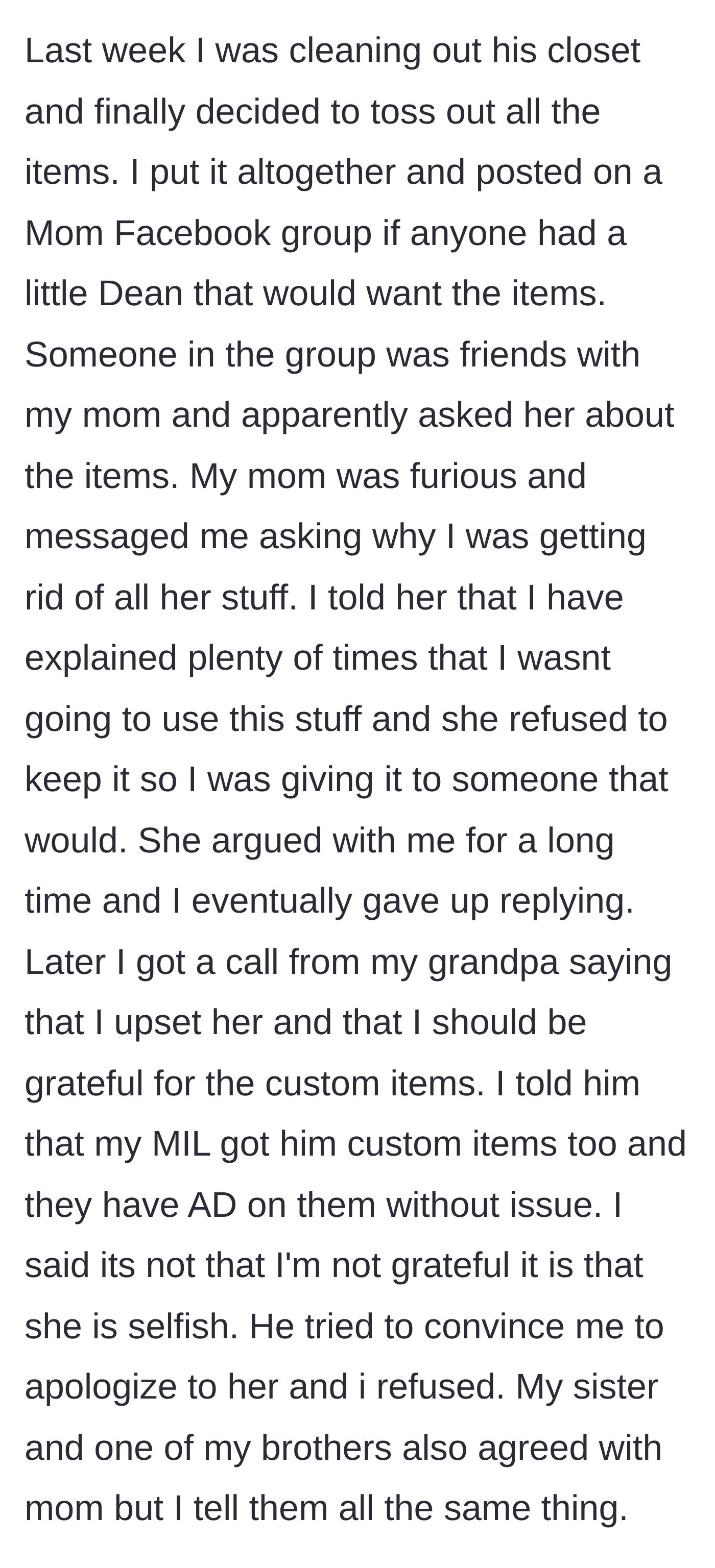 Story part 4 - The mother gives the wrong-name clothes away on Facebook, sparking outrage from the grandmother, who then rallies the extended family to guilt-trip her.