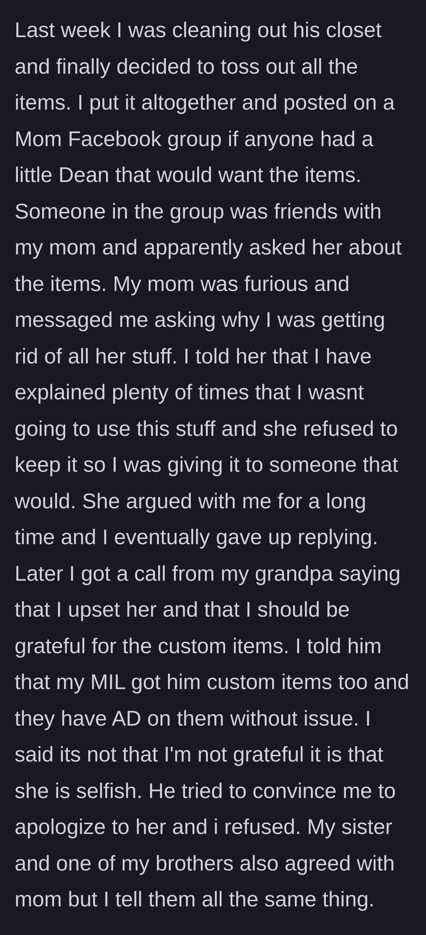Story part 4 - The mother gives the wrong-name clothes away on Facebook, sparking outrage from the grandmother, who then rallies the extended family to guilt-trip her.