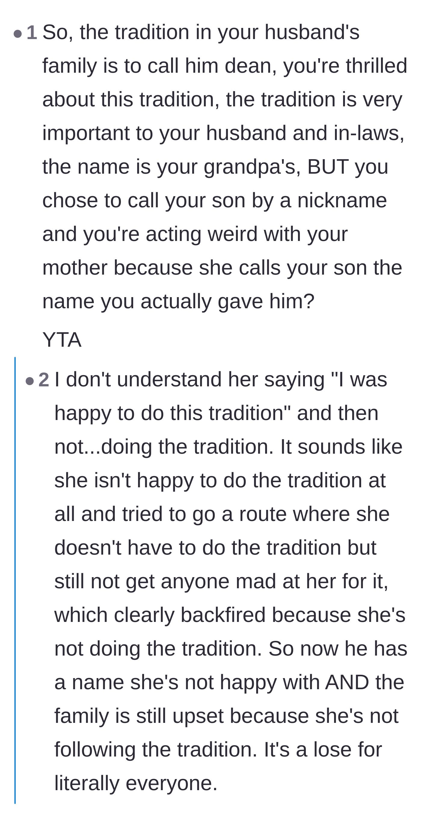 Comment thread 1 - Readers criticizing the mother for agreeing to the family naming tradition but exclusively using initials instead.