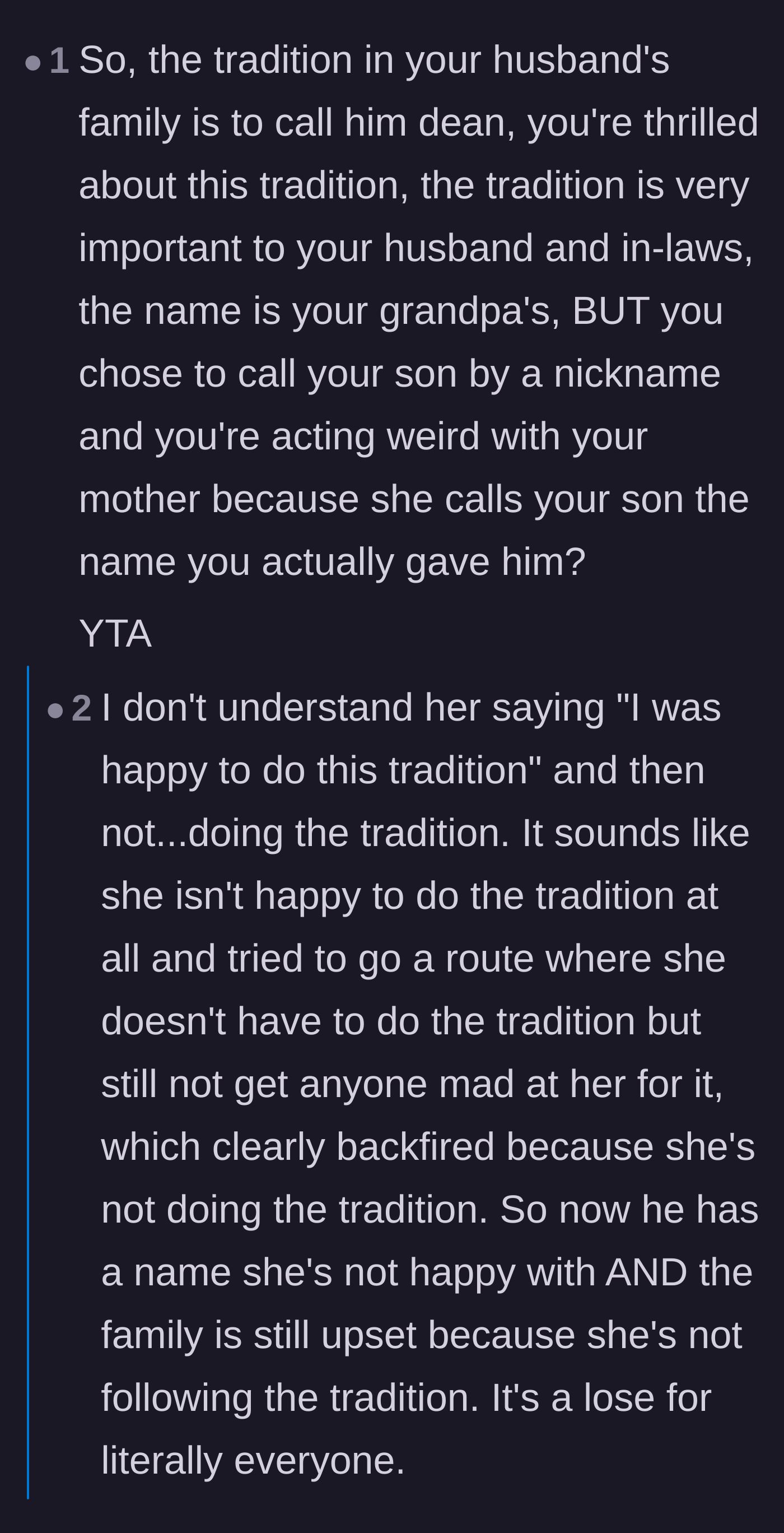 Comment thread 1 - Readers criticizing the mother for agreeing to the family naming tradition but exclusively using initials instead.