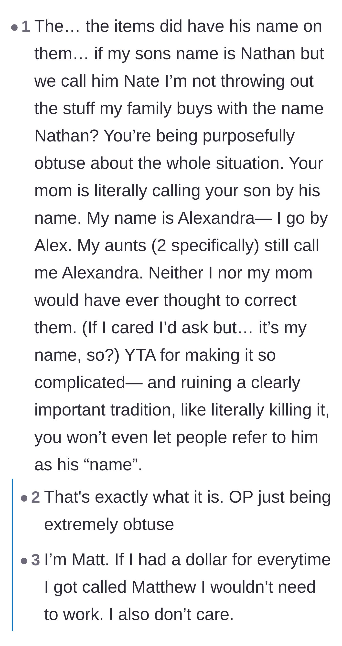Comment thread 2 - A debate over whether throwing out the monogrammed clothes was an overreaction since the grandmother was technically using his real middle name.