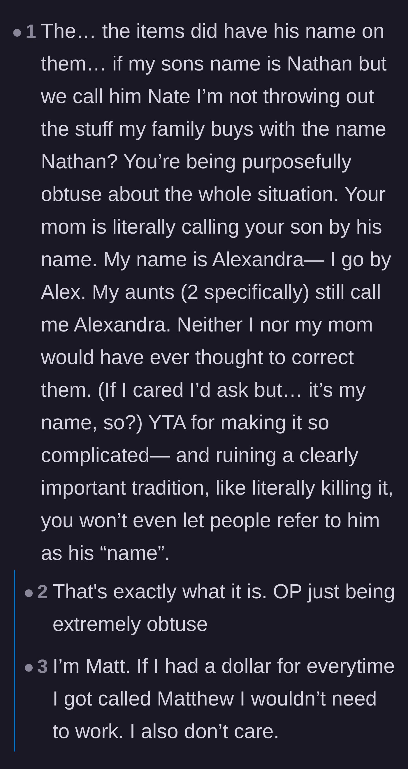 Comment thread 2 - A debate over whether throwing out the monogrammed clothes was an overreaction since the grandmother was technically using his real middle name.