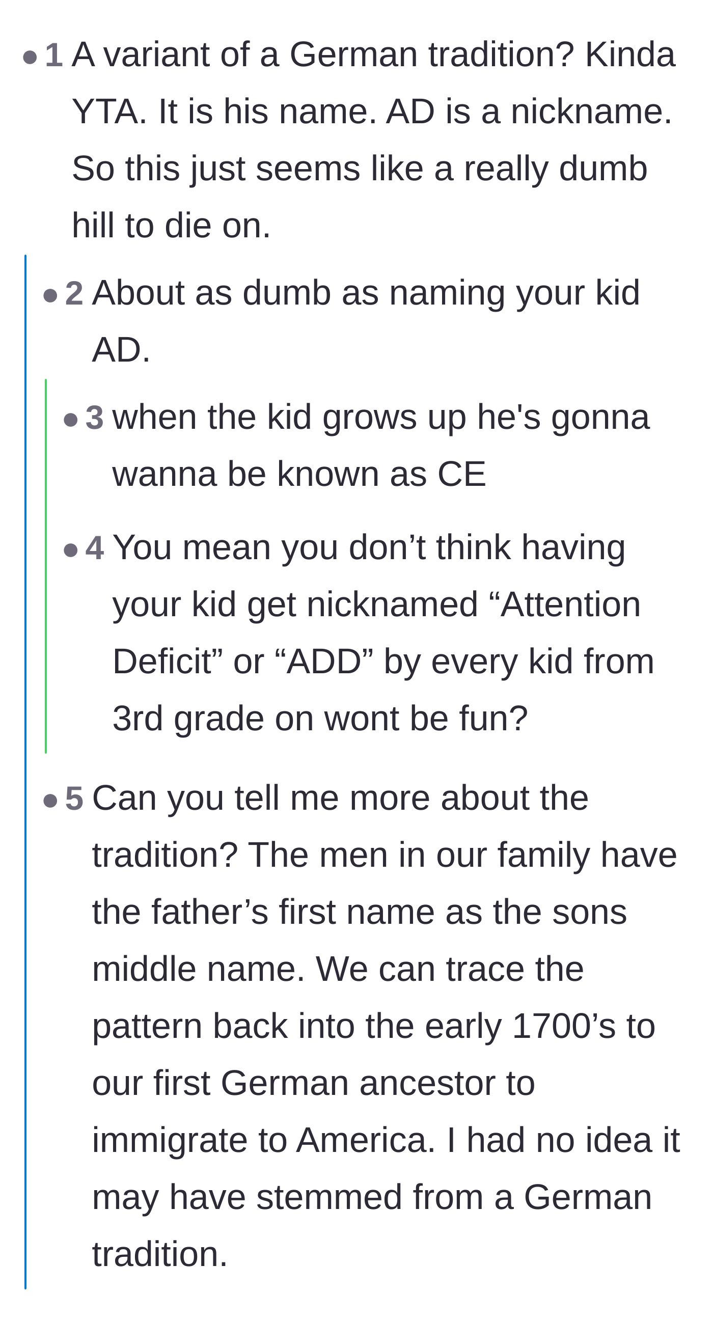 Comment thread 3 - Commenters discussing the historical origins of the naming tradition and harshly mocking the choice of the nickname AD.