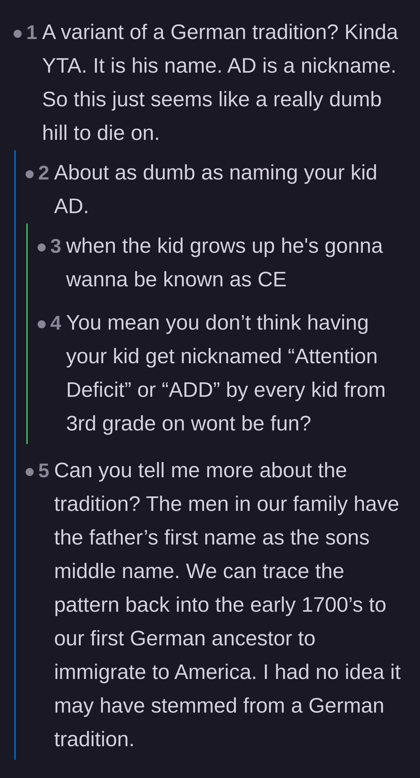 Comment thread 3 - Commenters discussing the historical origins of the naming tradition and harshly mocking the choice of the nickname AD.