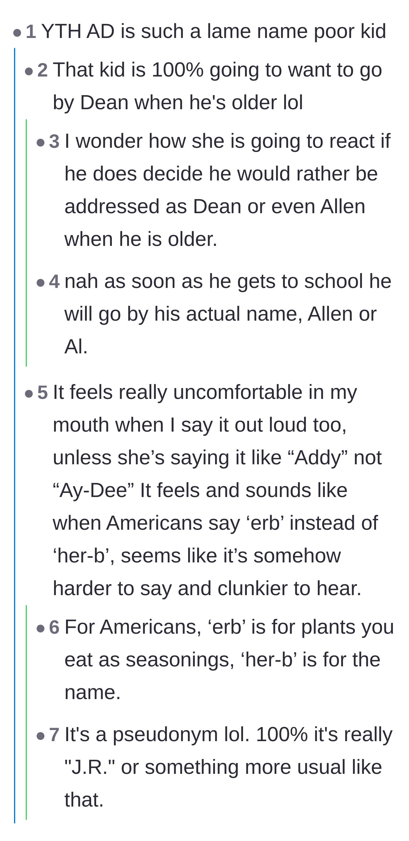 Comment thread 4 - People predicting the child will hate his initials and eventually choose to go by his middle name anyway.