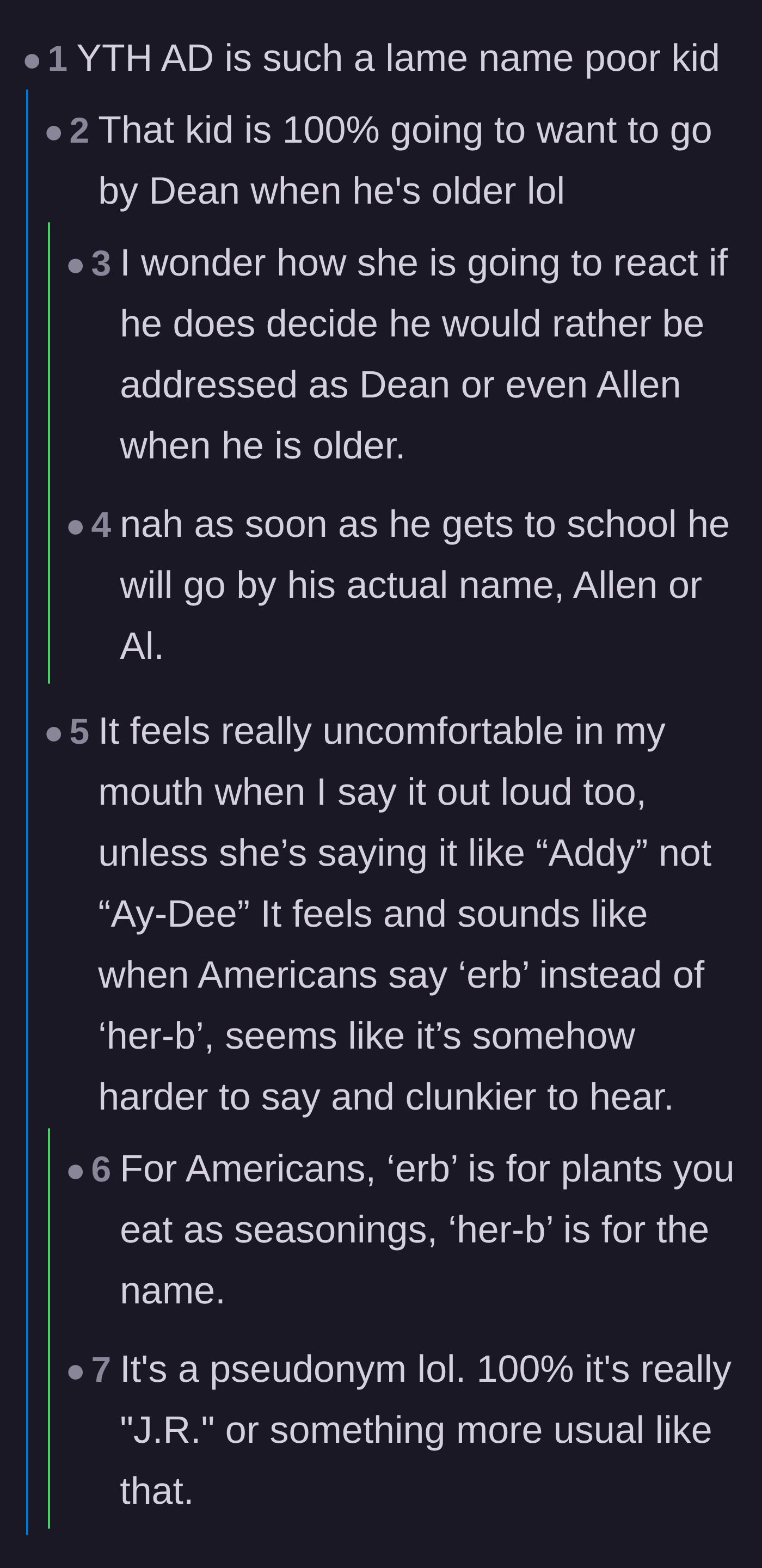 Comment thread 4 - People predicting the child will hate his initials and eventually choose to go by his middle name anyway.