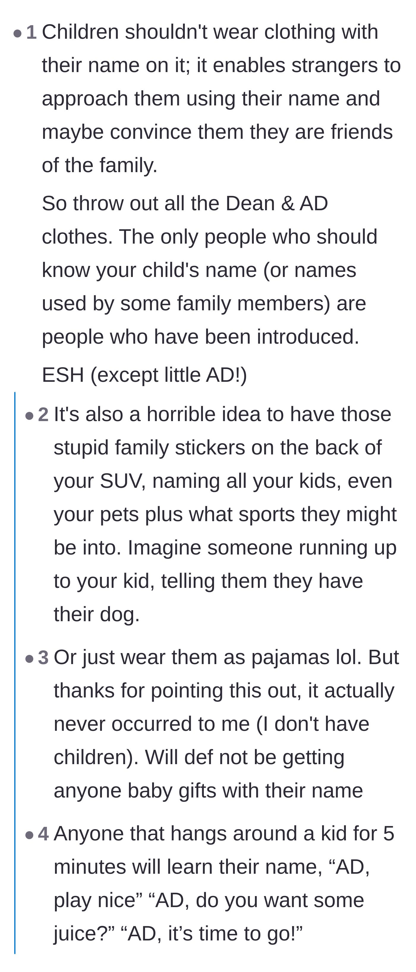 Comment thread 5 - A tangent about the severe safety risks of putting a child's name on their clothing in public spaces.