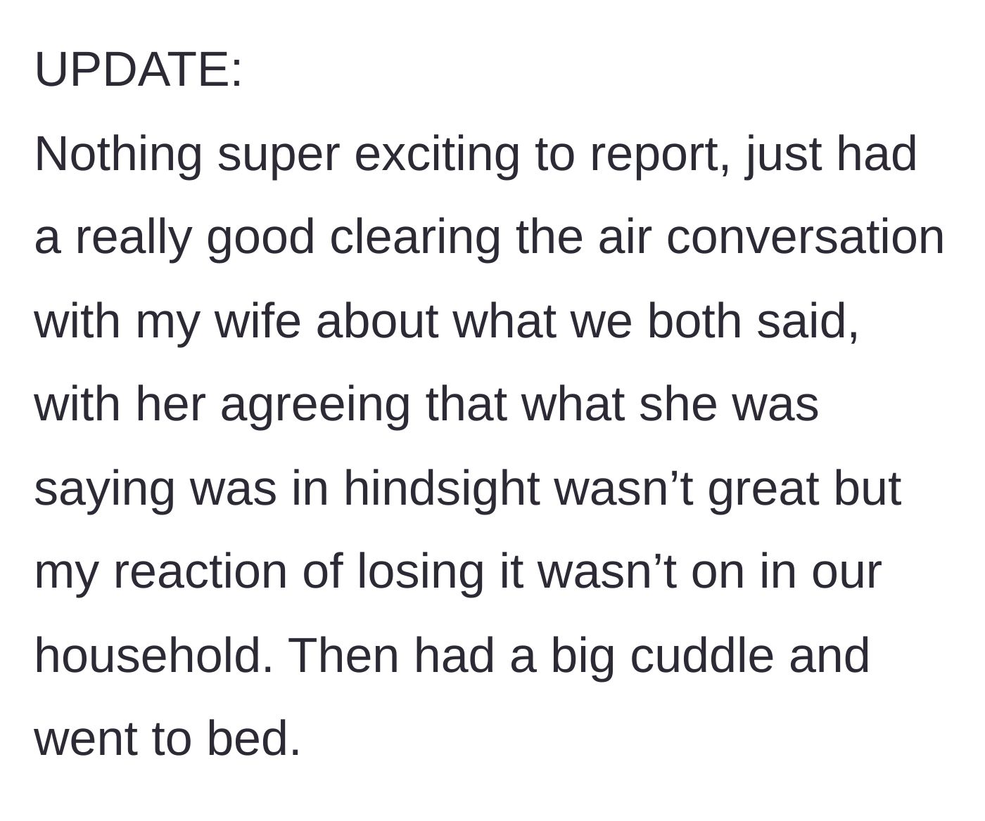 Story part 5 - A positive update showing a healthy, healing conversation and apology between the married couple.