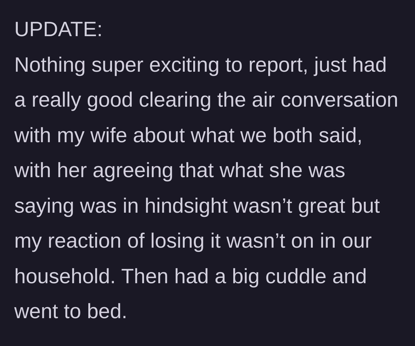 Story part 5 - A positive update showing a healthy, healing conversation and apology between the married couple.