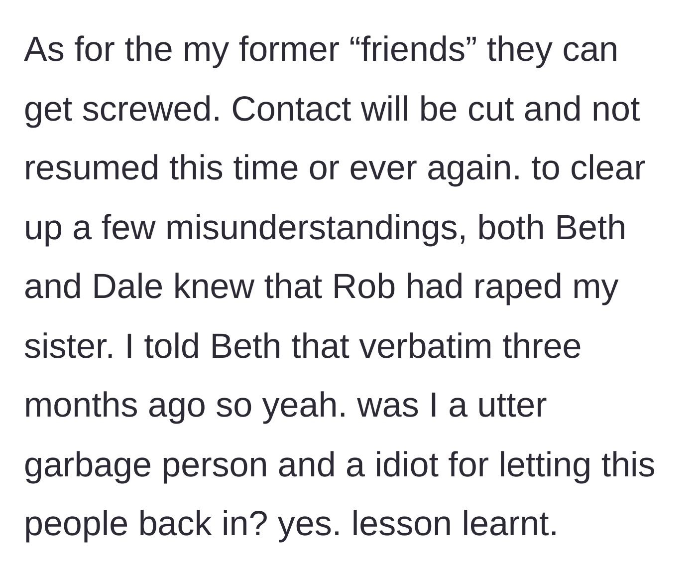 Story part 6 - The final update confirming permanent no-contact with the toxic friends who knew the truth all along.