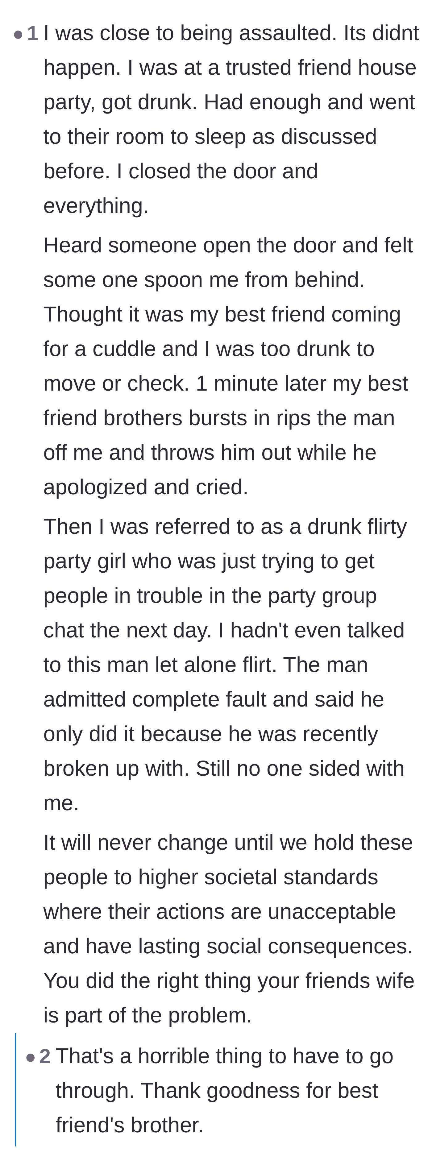 Comment thread 2 - A deeply personal story from a reader who lost their own friends to victim-blaming after an assault.