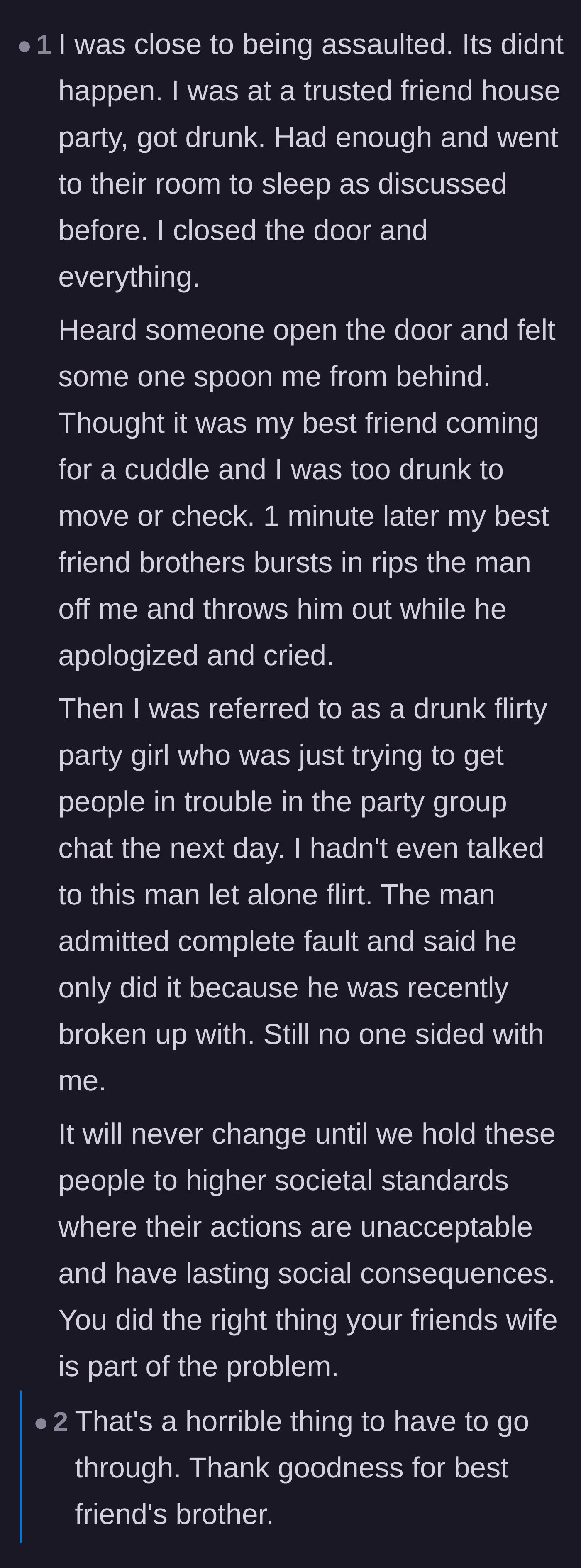 Comment thread 2 - A deeply personal story from a reader who lost their own friends to victim-blaming after an assault.