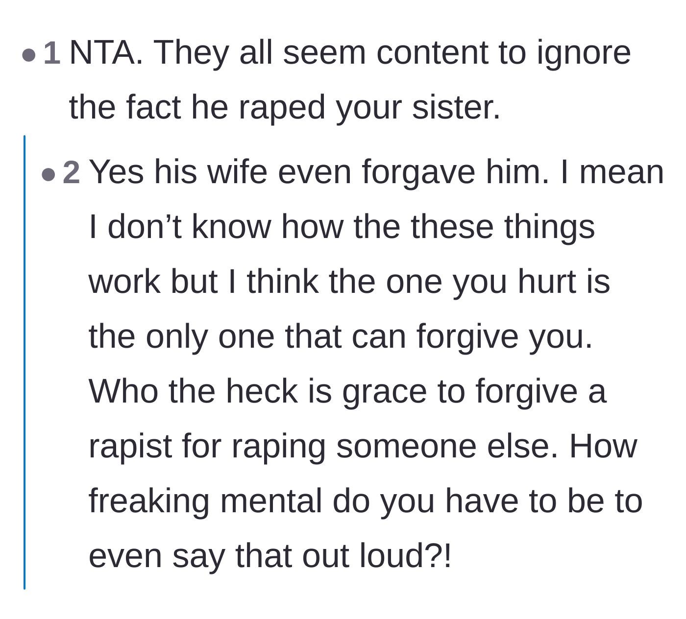 Comment thread 3 - Readers pointing out the absurdity of someone forgiving an abuser on behalf of the victim.