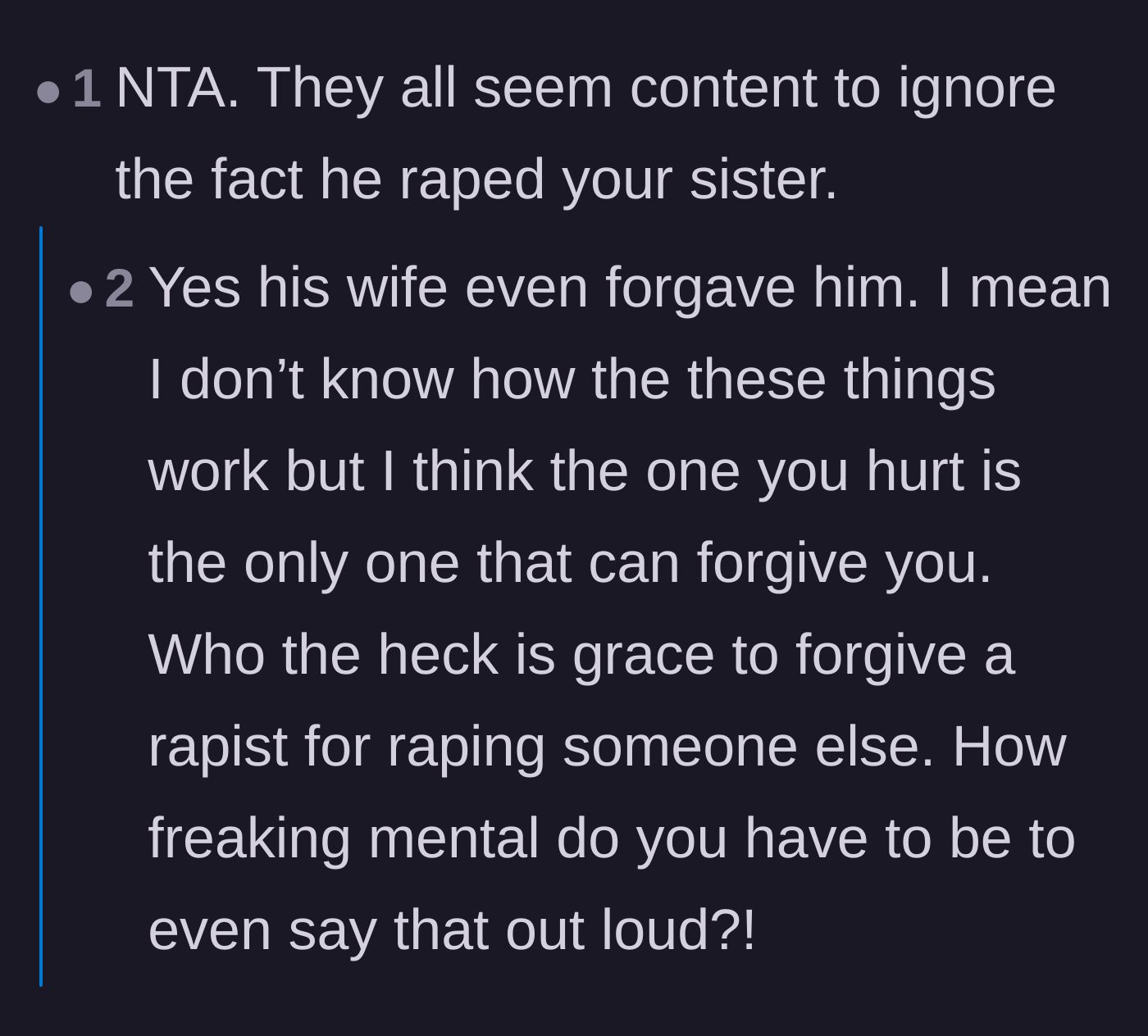 Comment thread 3 - Readers pointing out the absurdity of someone forgiving an abuser on behalf of the victim.
