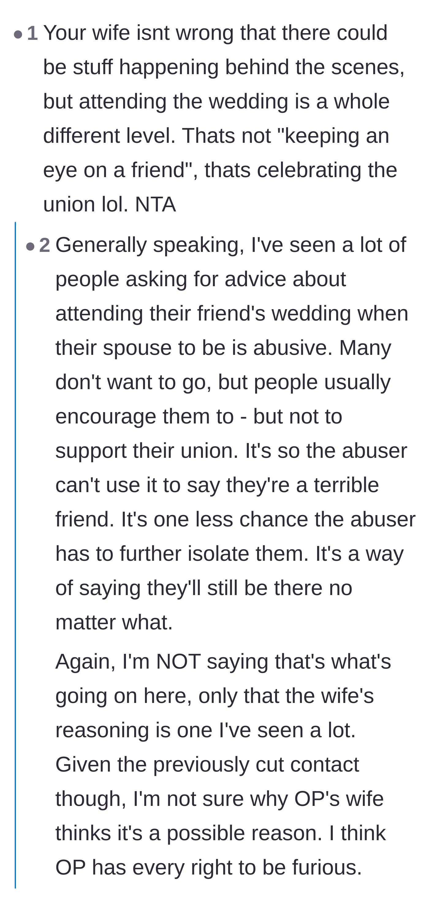 Comment thread 4 - A discussion dissecting the difference between supporting an isolated friend and actively celebrating their toxic marriage.