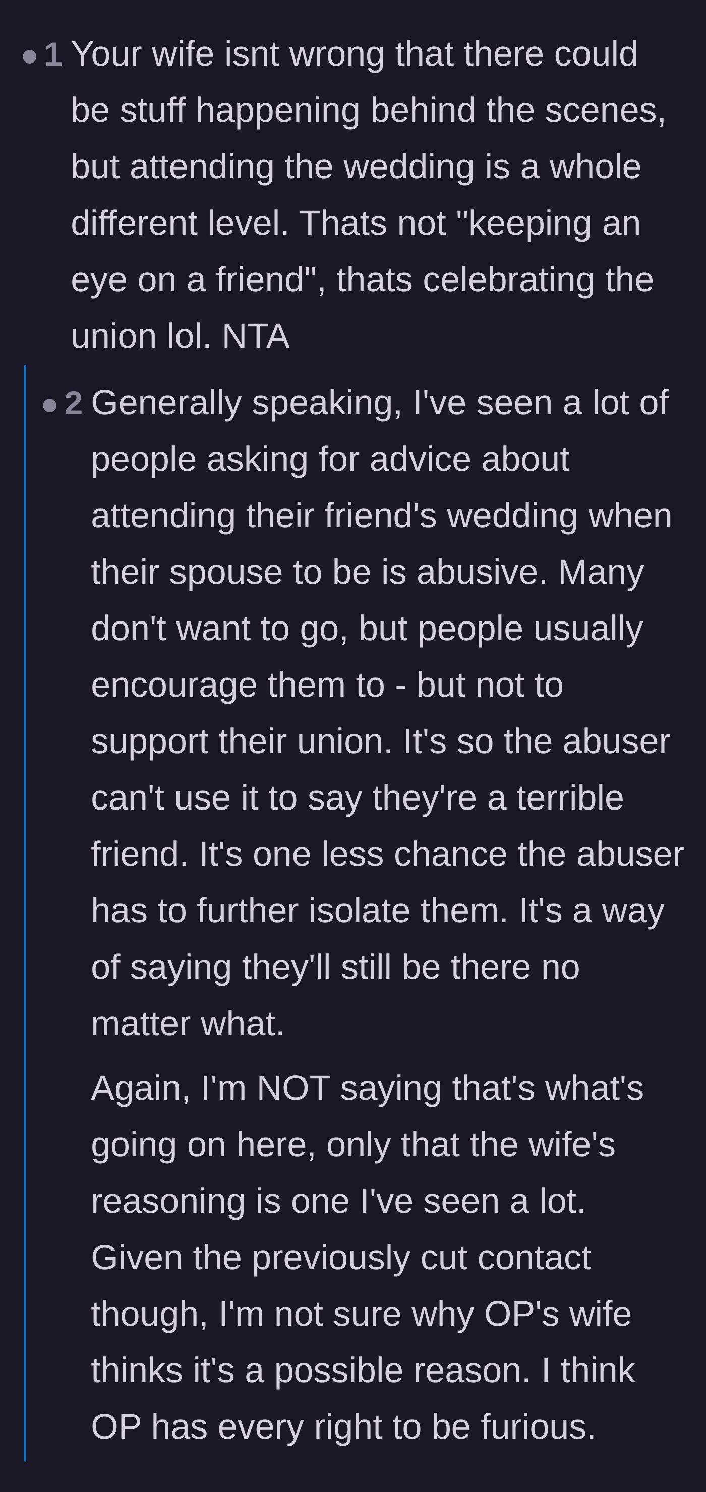 Comment thread 4 - A discussion dissecting the difference between supporting an isolated friend and actively celebrating their toxic marriage.
