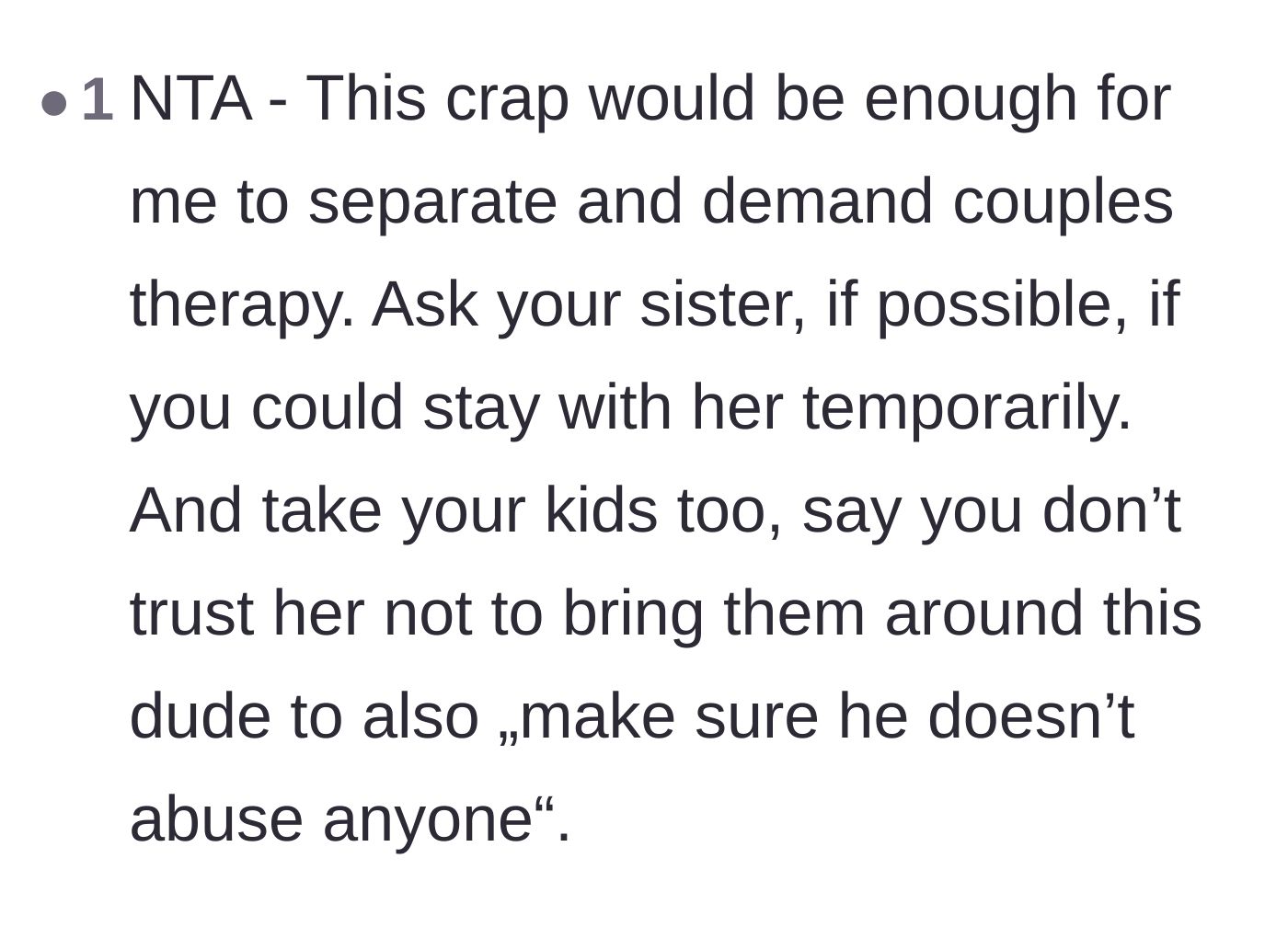 Comment thread 5 - Extreme advice suggesting the main character should take the kids and separate from their wife immediately.