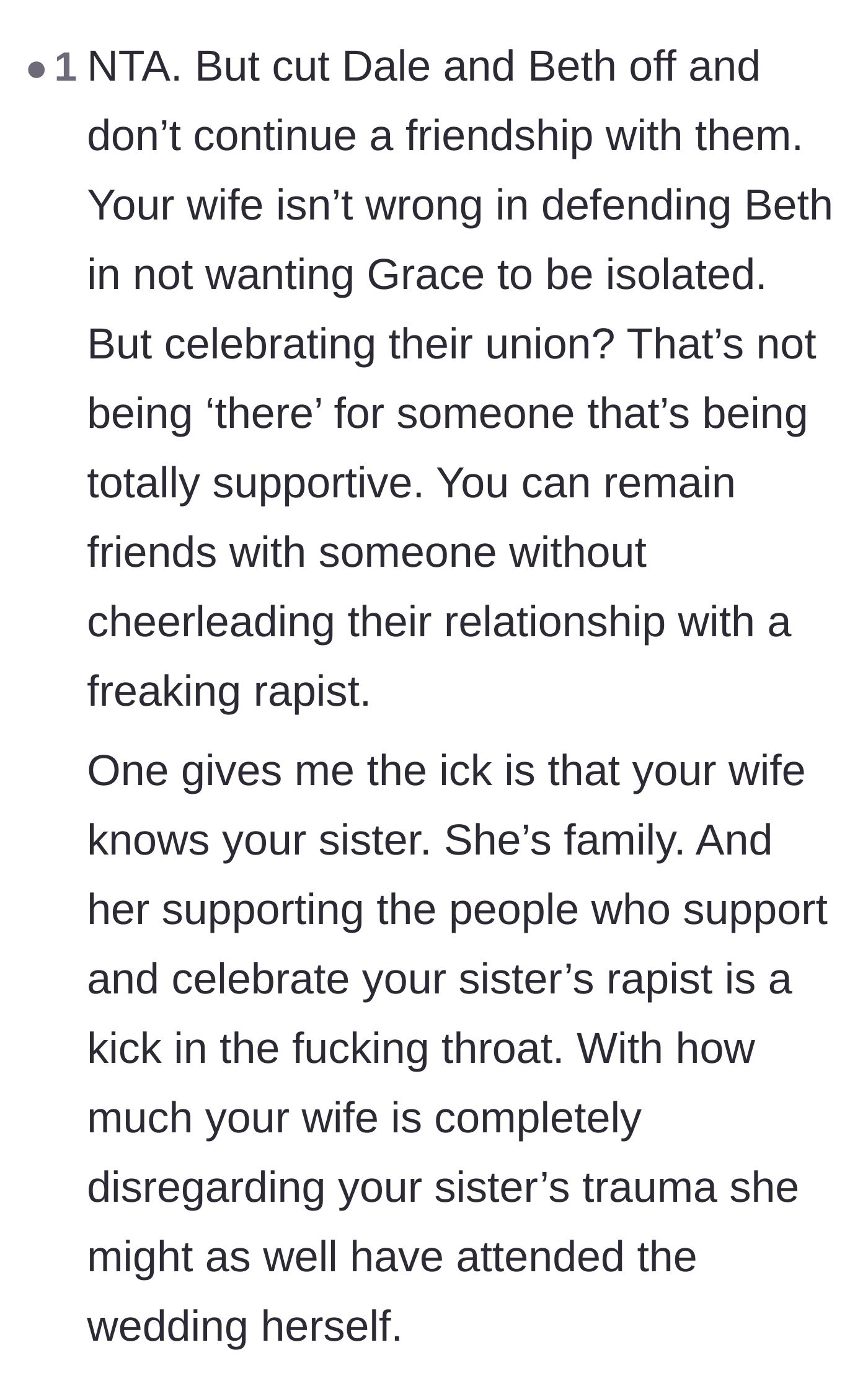 Comment thread 6 - A reader explaining why the wife's initial defense of the friends felt like a direct betrayal of the sister's trauma.