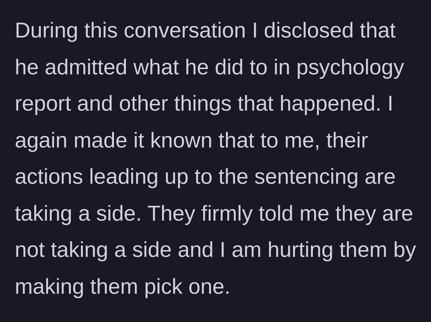 Story part 4 - The author explains the clinical psychology report to the parents, reiterating that the parents have chosen a side, which the parents claim hurts their feelings.