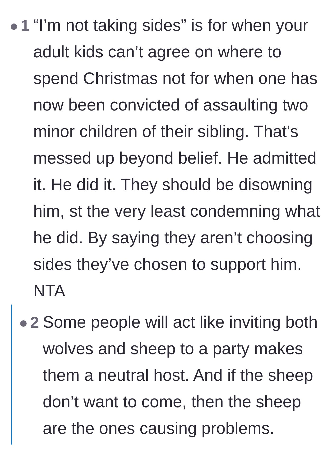 Comment thread 3 - Commenters contrasting normal family disagreements with criminal acts, using a powerful wolf and sheep analogy to explain false neutrality.