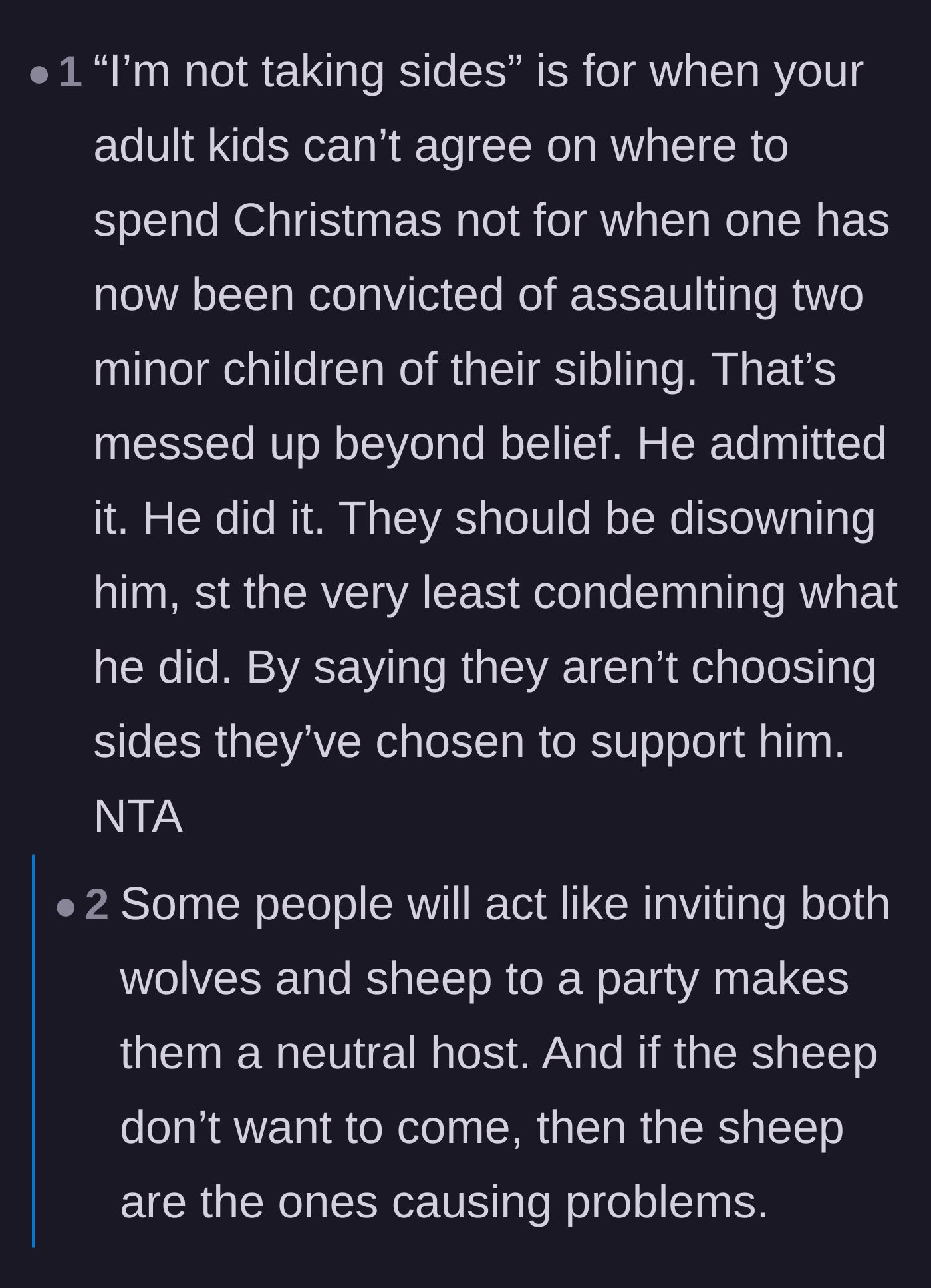 Comment thread 3 - Commenters contrasting normal family disagreements with criminal acts, using a powerful wolf and sheep analogy to explain false neutrality.