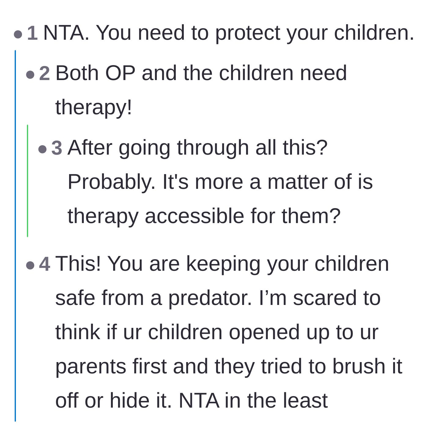 Comment thread 4 - A straightforward call to protect the children at all costs, emphasizing the critical need for professional therapy to heal.