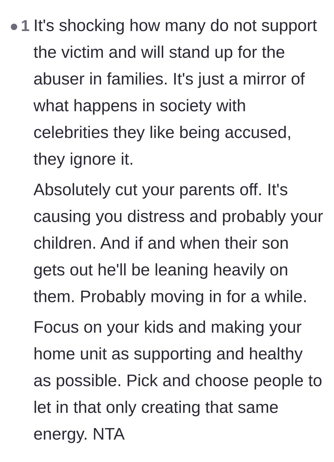Comment thread 5 - A reflection on how families often protect abusers, drawing tragic parallels to societal behavior and urging the author to build a safer home.