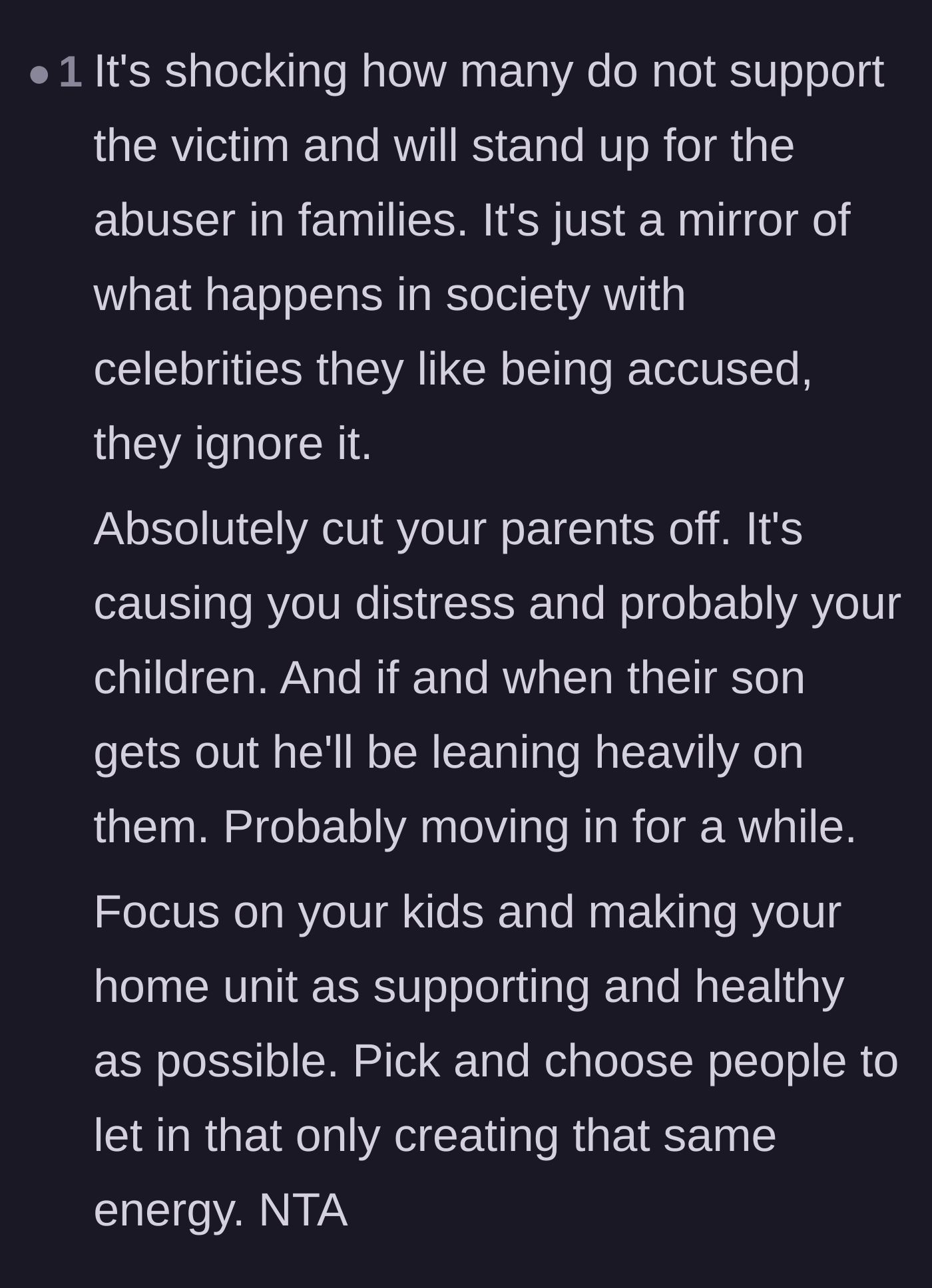 Comment thread 5 - A reflection on how families often protect abusers, drawing tragic parallels to societal behavior and urging the author to build a safer home.