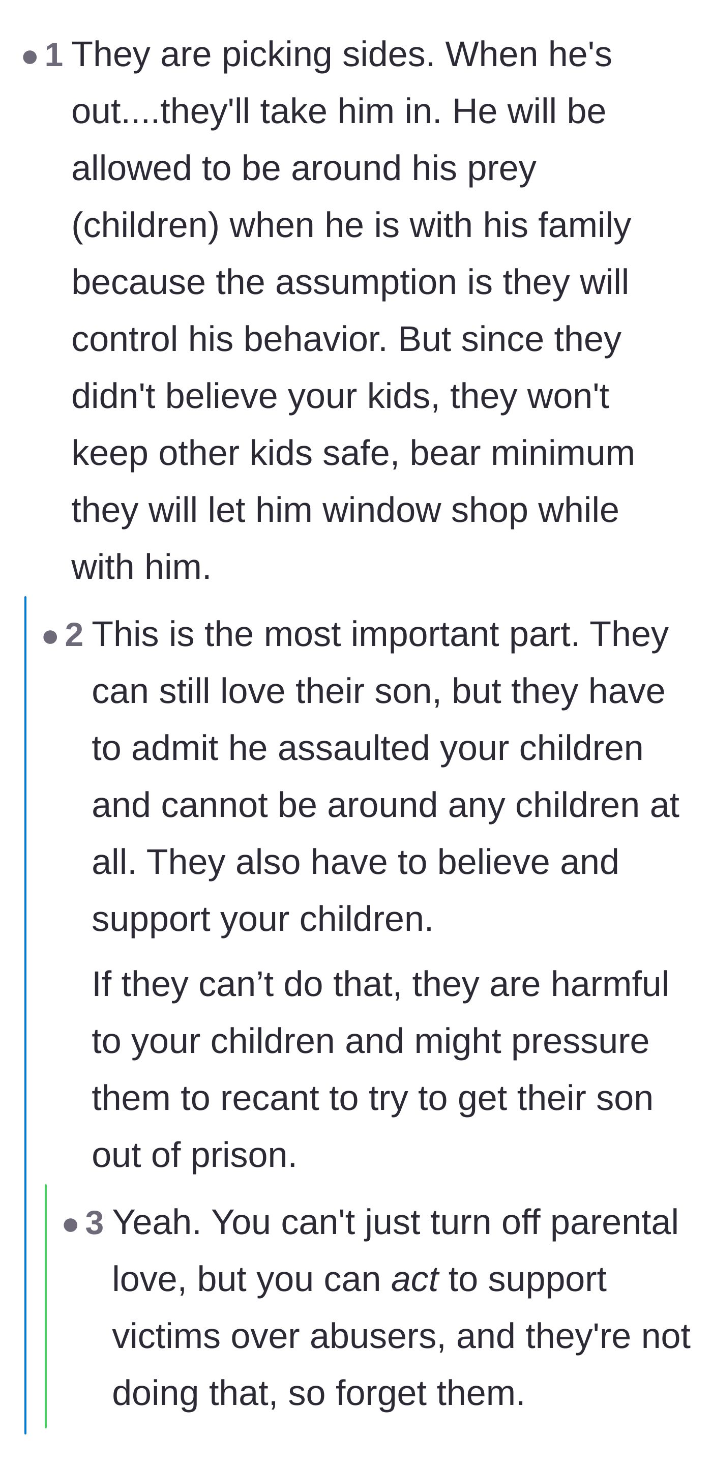 Comment thread 6 - Predictions that the parents will eventually house the abuser, prioritizing their son over the safety of future potential victims.