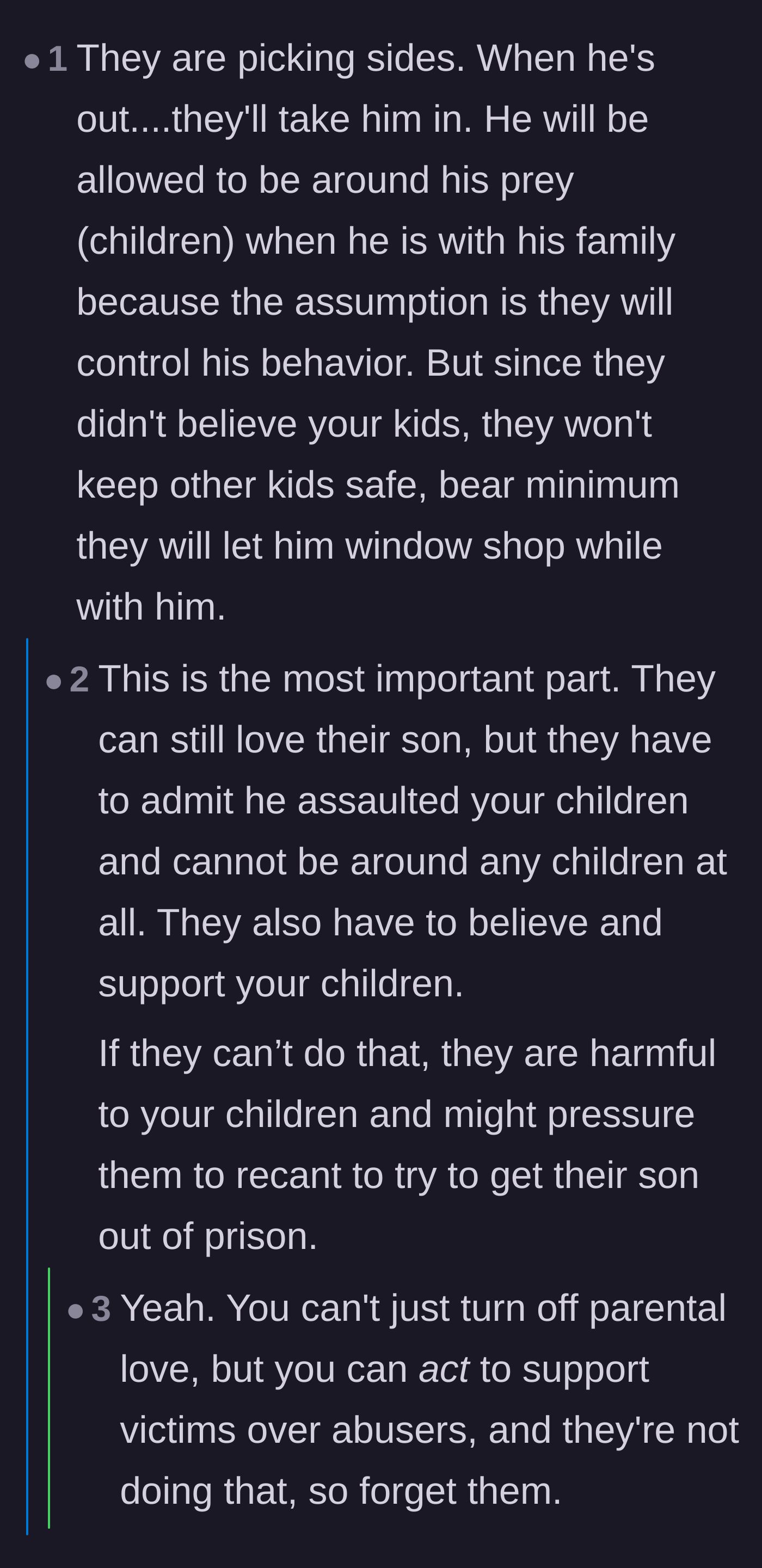 Comment thread 6 - Predictions that the parents will eventually house the abuser, prioritizing their son over the safety of future potential victims.