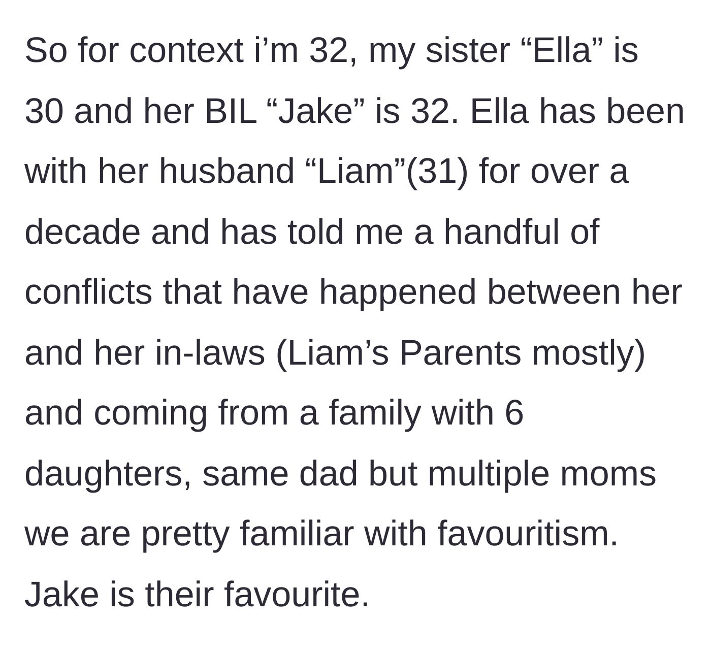 Story part 1 - Introduction of the sister, her husband, and the blatantly favored 'golden child' brother-in-law.