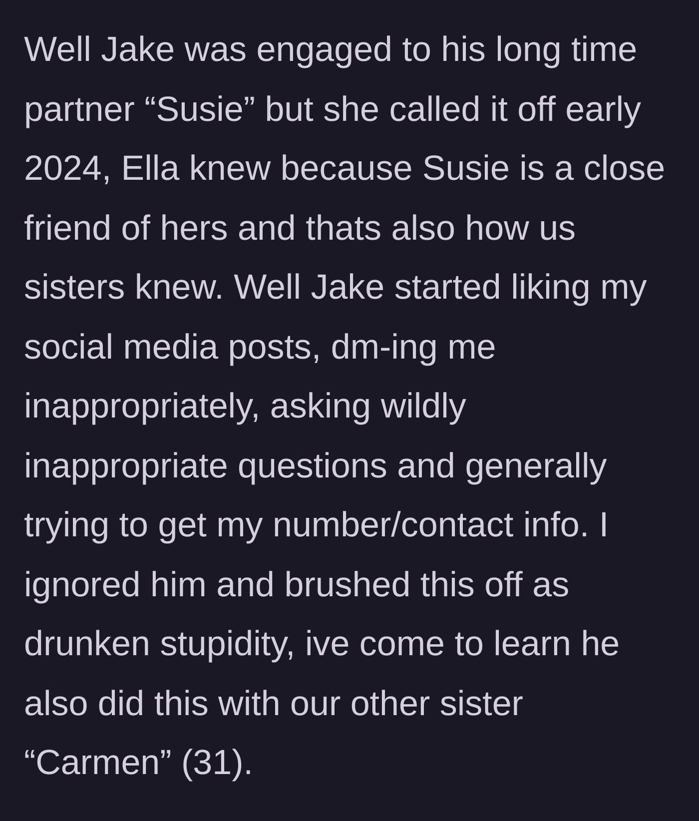 Story part 2 - The golden child's secret breakup and his creepy descent into messaging the main character and her other sister.