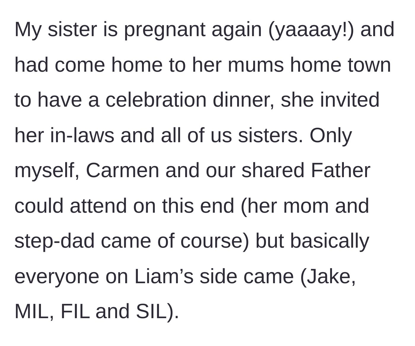 Story part 3 - Gathering for a family dinner to celebrate the sister's new pregnancy.