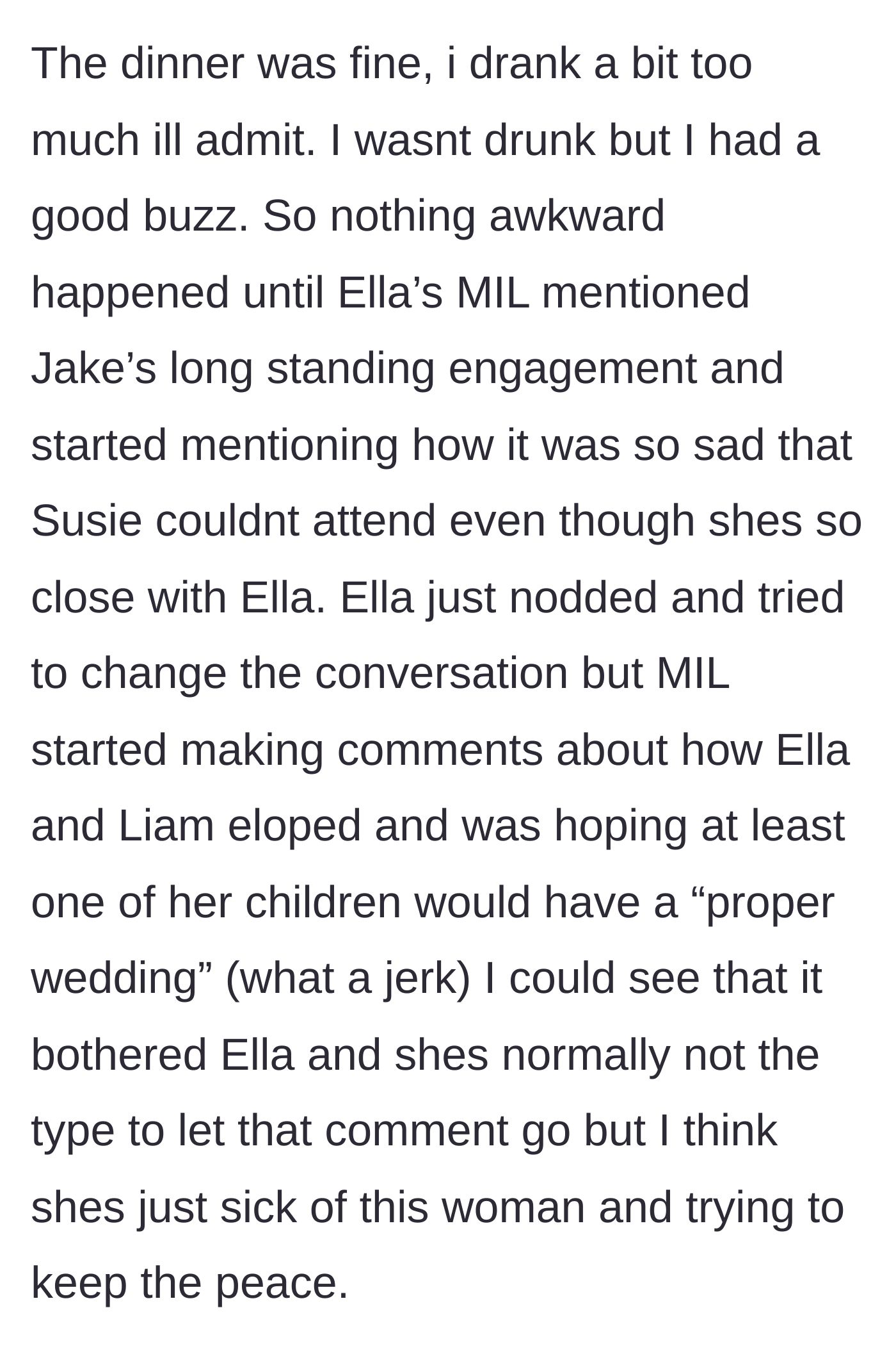 Story part 4 - The Mother-in-Law ruins the mood by insulting the sister's elopement and praising the golden child's fake engagement.
